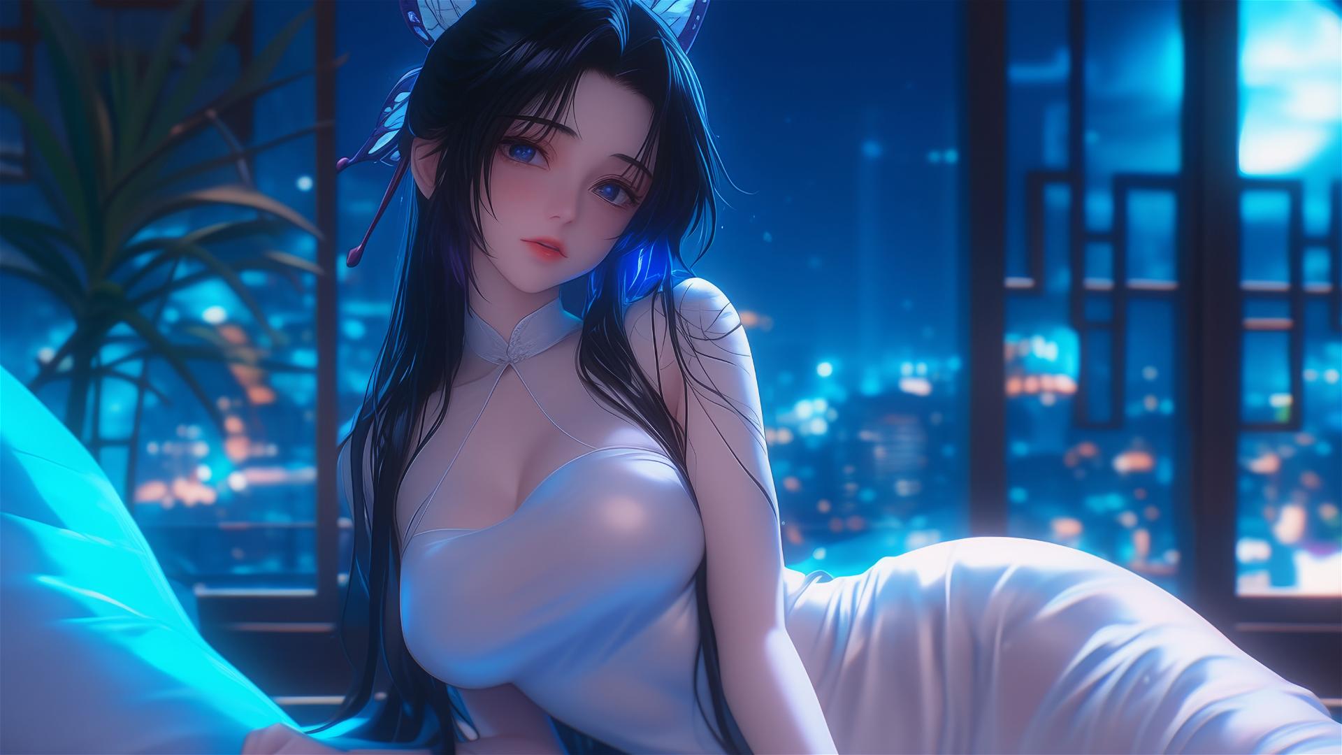 Shinobu Kocho from Demon Slayer resting in a modern hotel room with neon lights