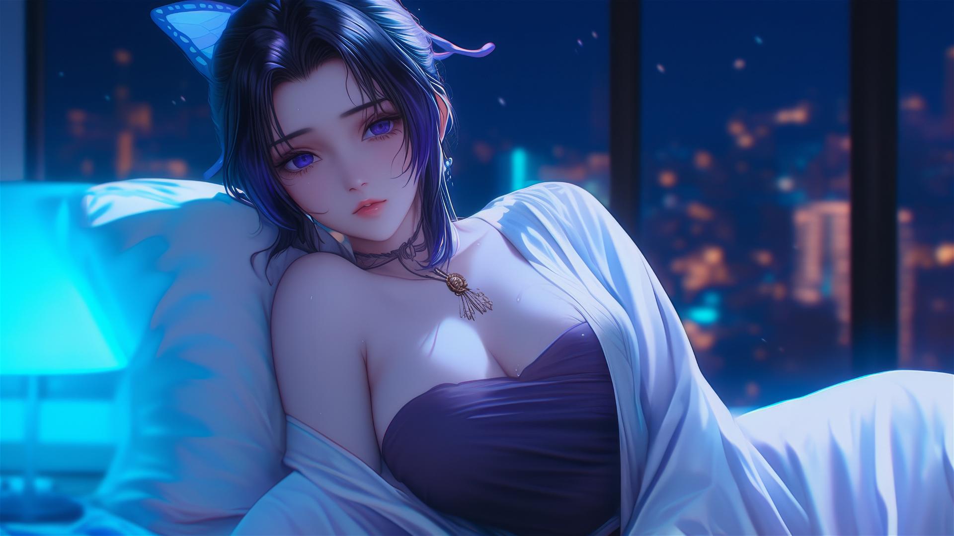 Shinobu Kocho from Demon Slayer resting in a modern hotel room