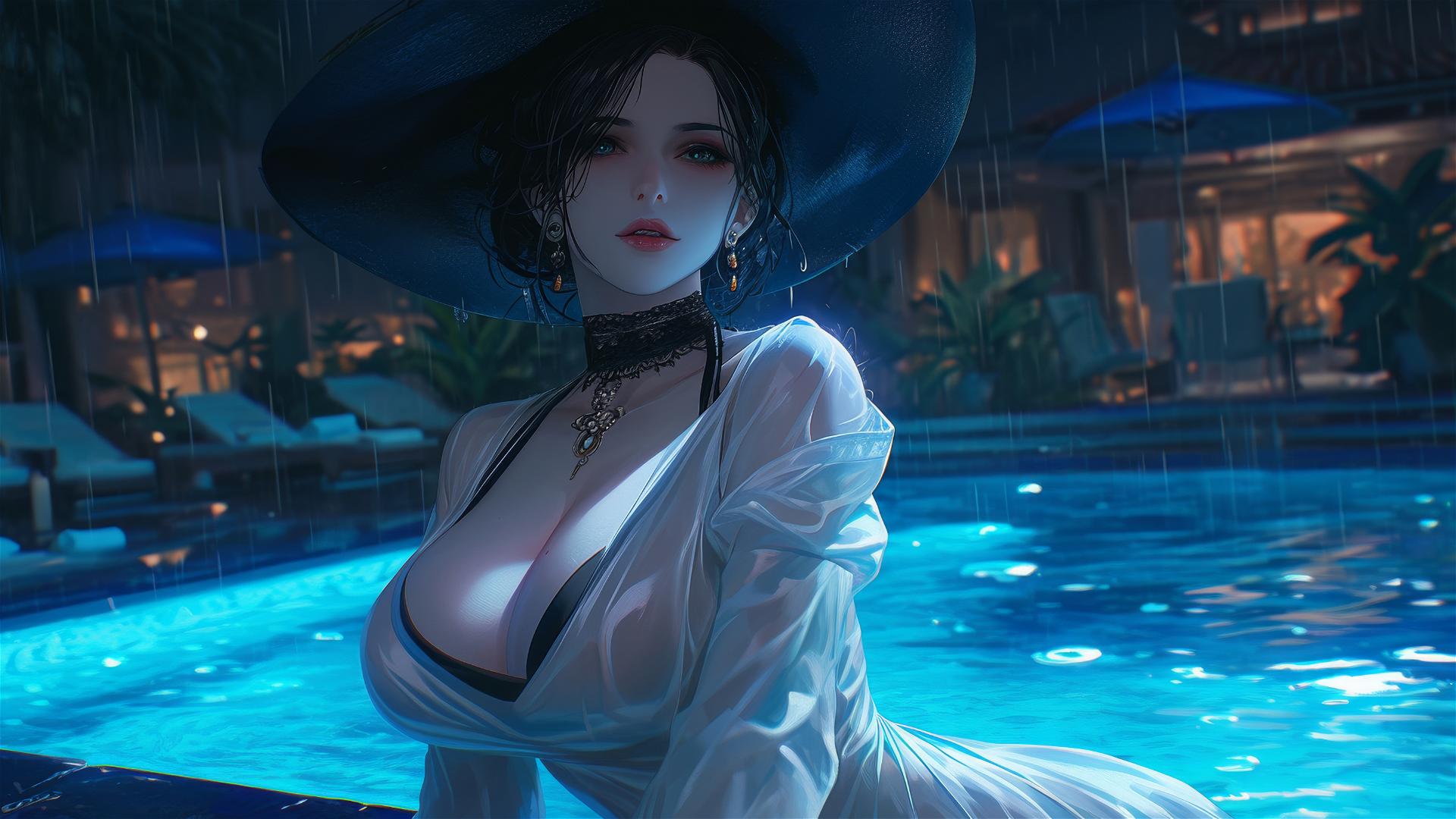 Lady Dimitrescu resting by a rainy swimming pool under moonlight
