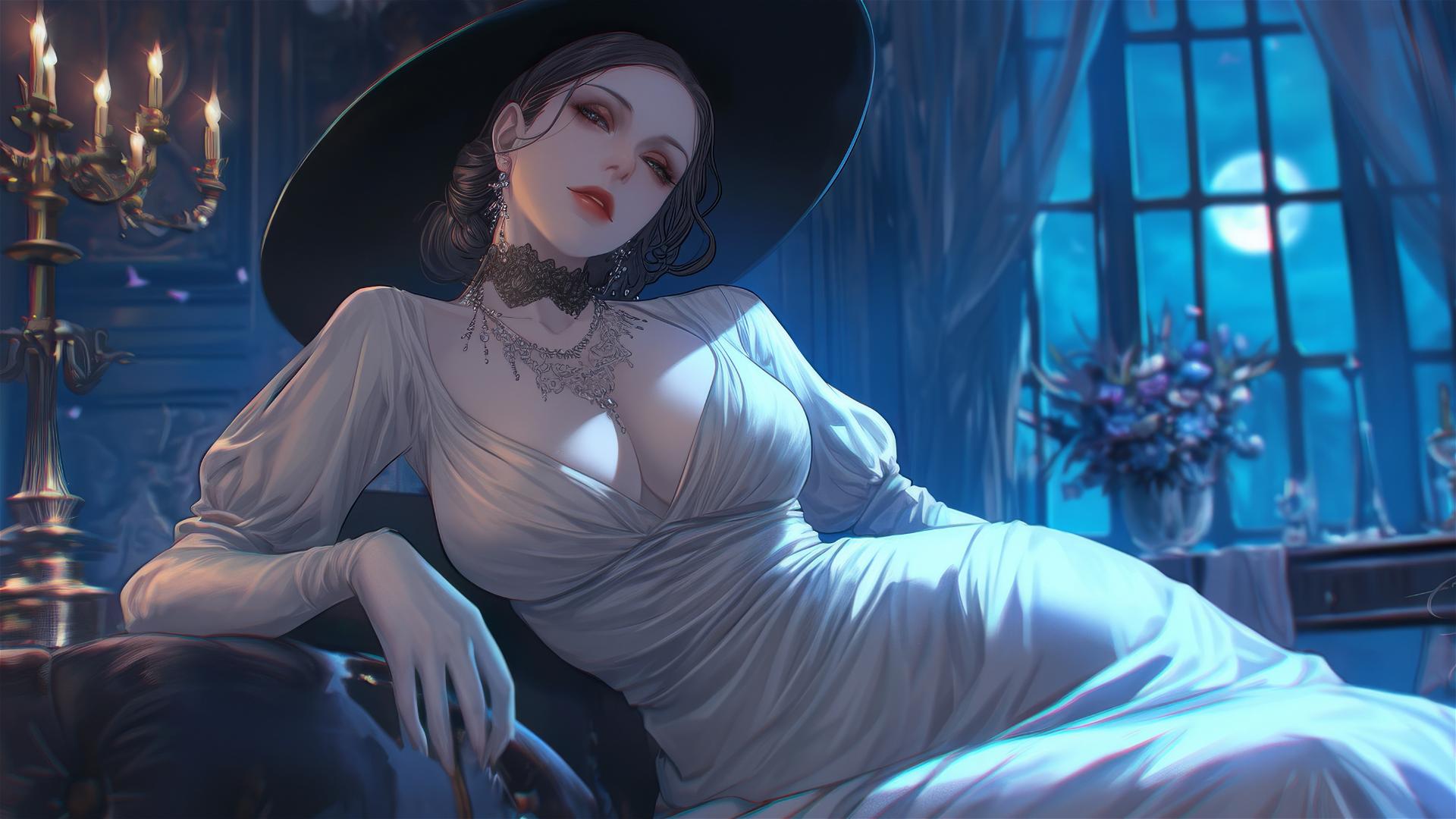 Lady Dimitrescu resting on a modern hotel bed with moonlight glow