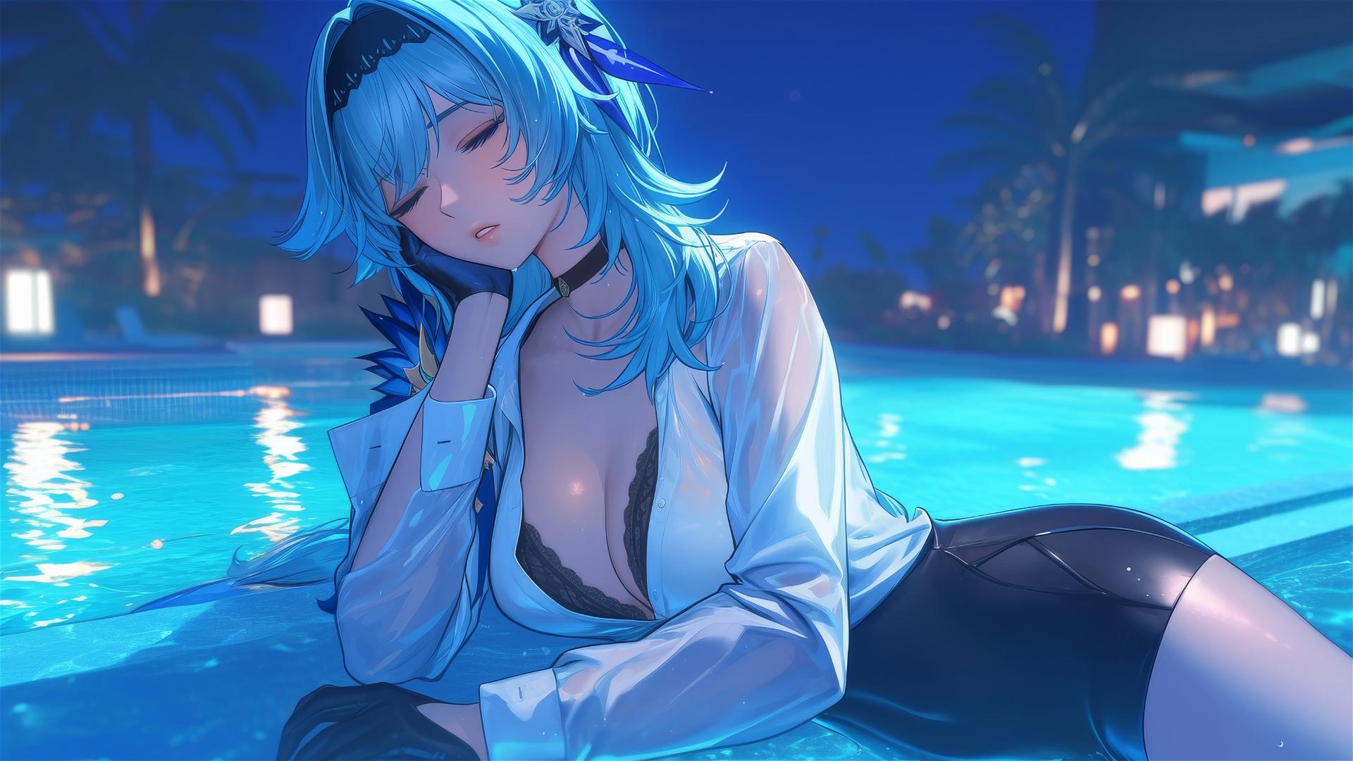 Eula Lawrence in white office shirt by rainy pool, moonlit, light blue hair.