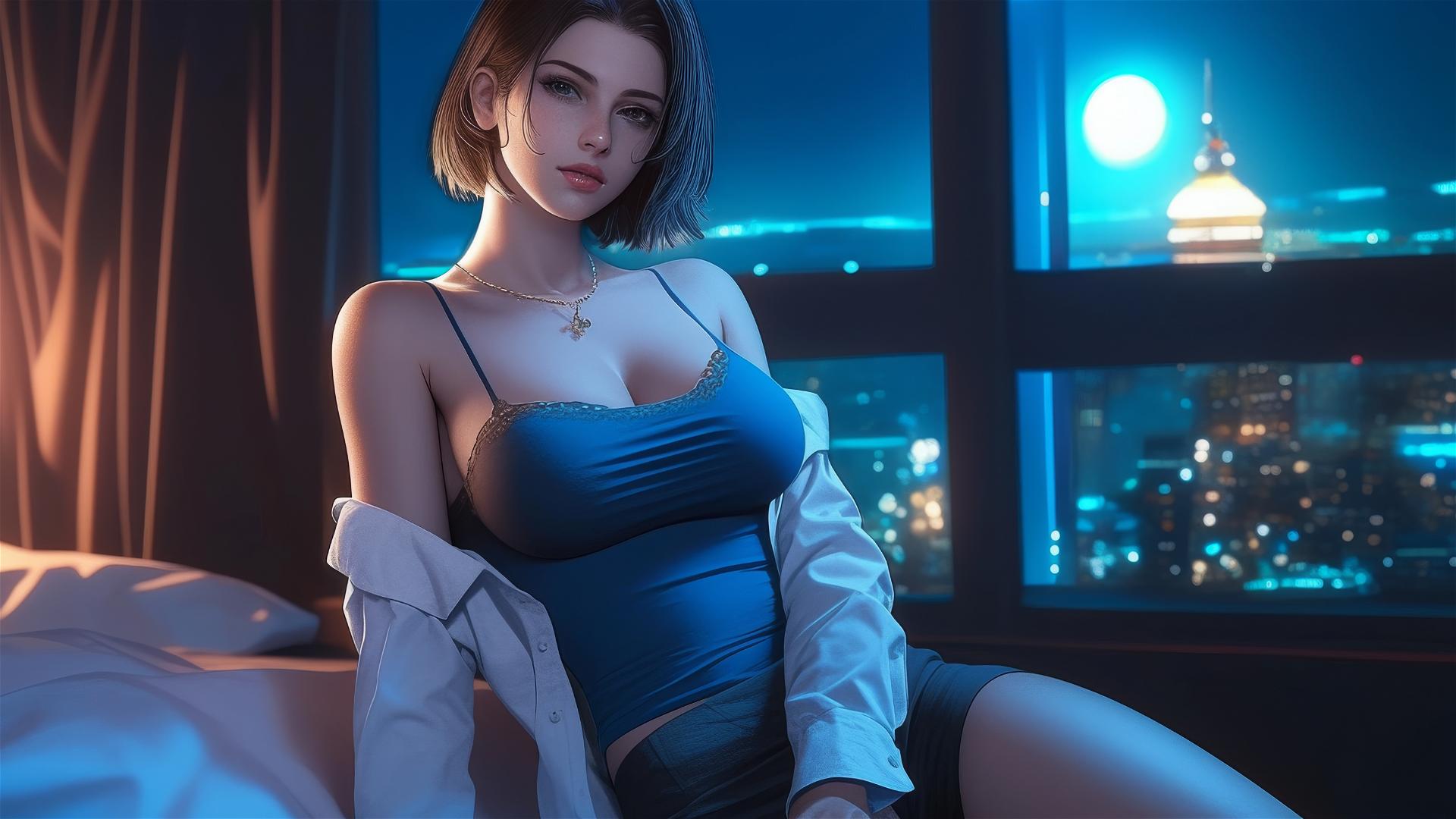 Jill Valentine in white pajamas resting in a modern hotel room with moonlight