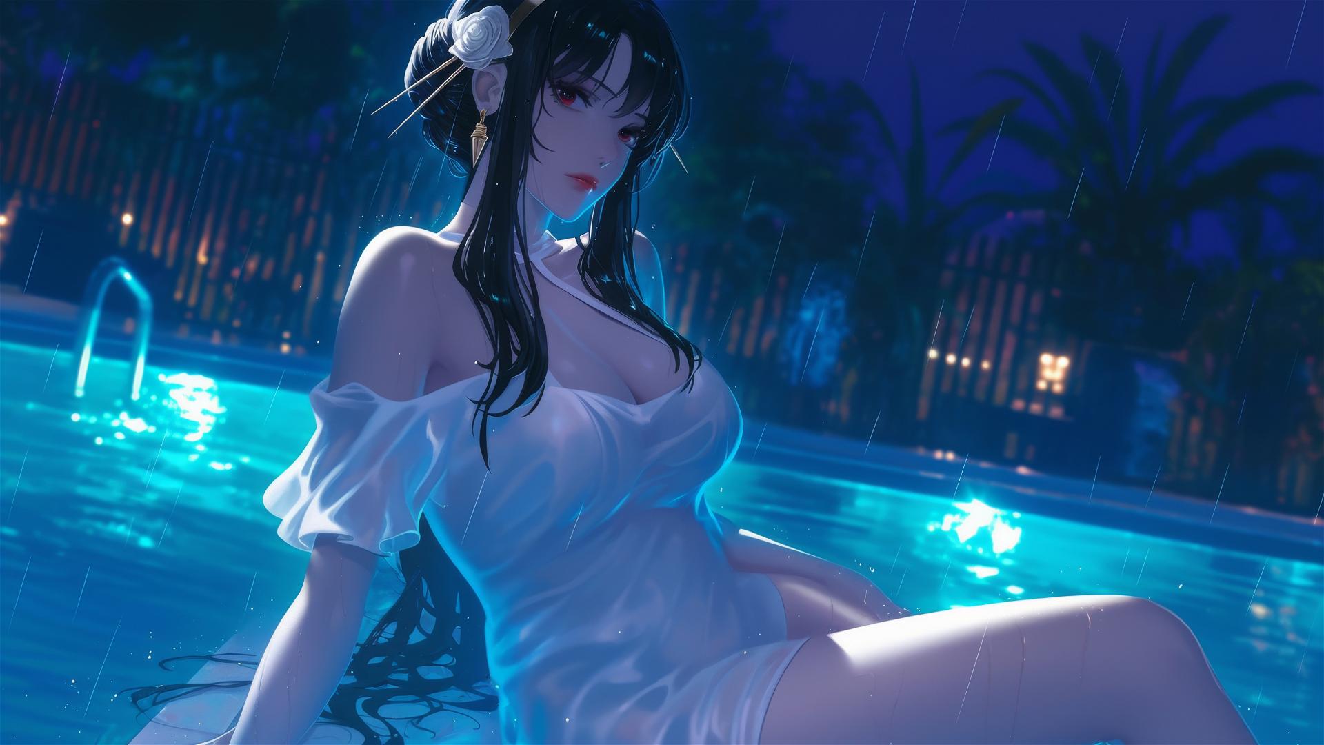 Yor Forger in a white dress resting at a pool under moonlight and rain