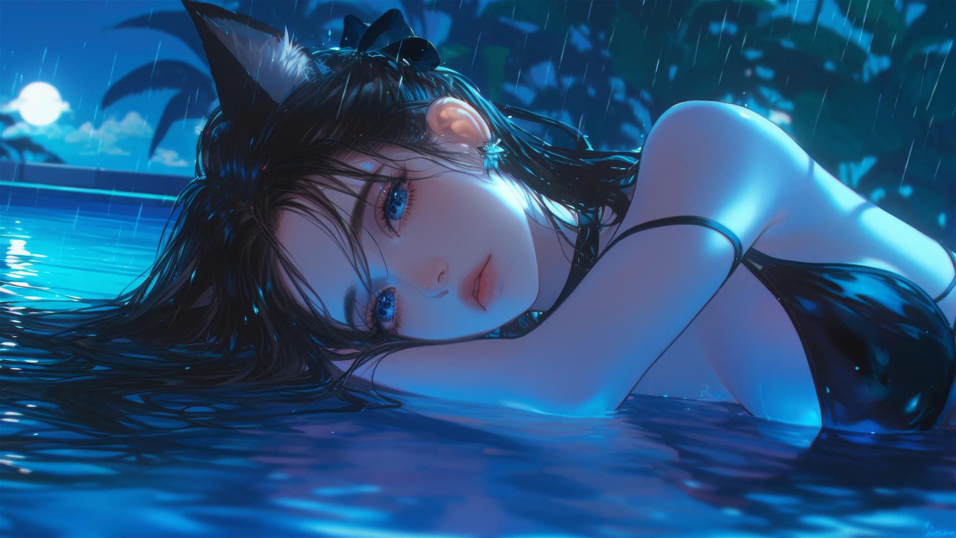 Cat girl resting by pool under moonlight in rain