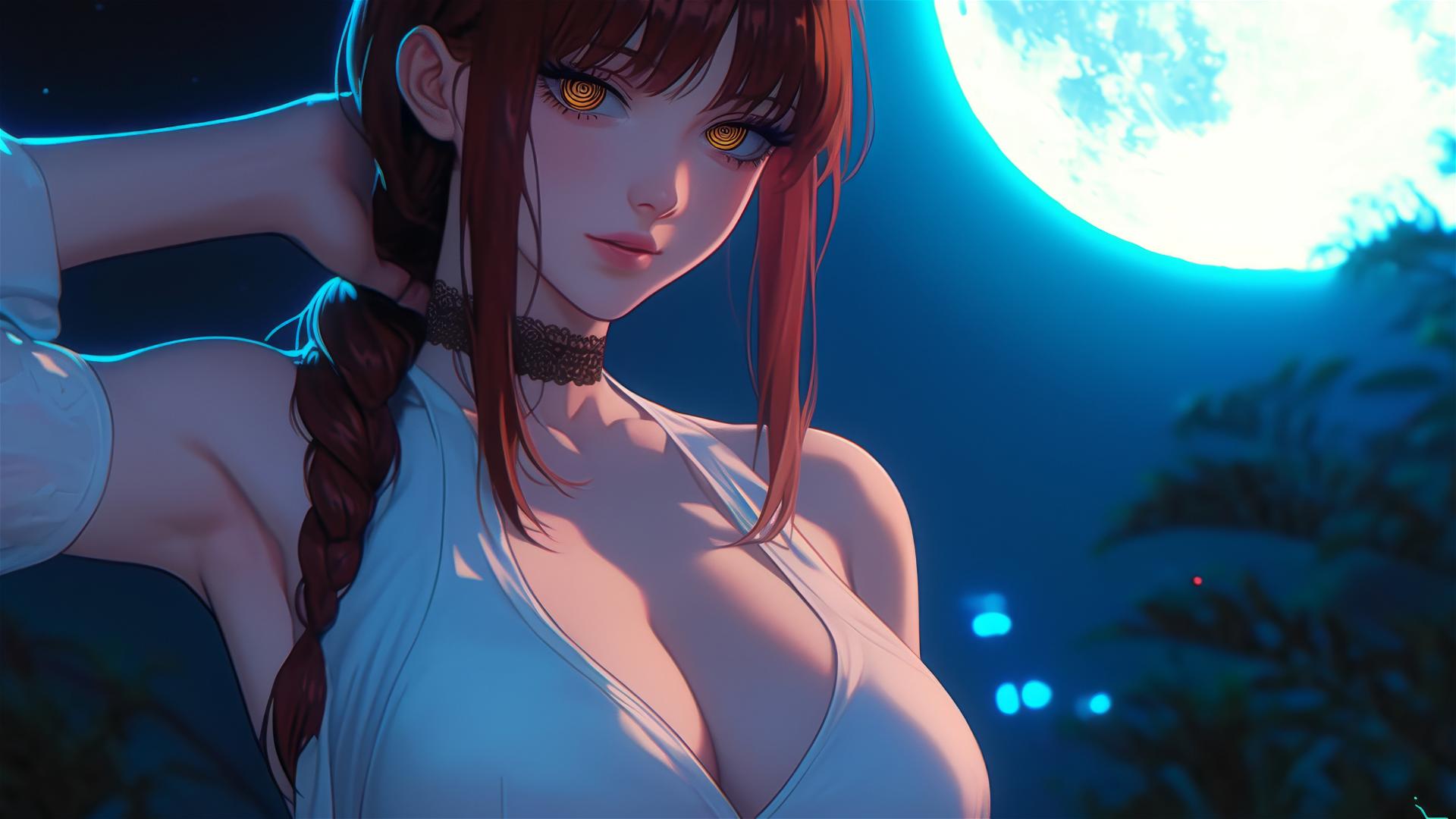 Makima from Chainsaw Man biting fingers under moonlight glow
