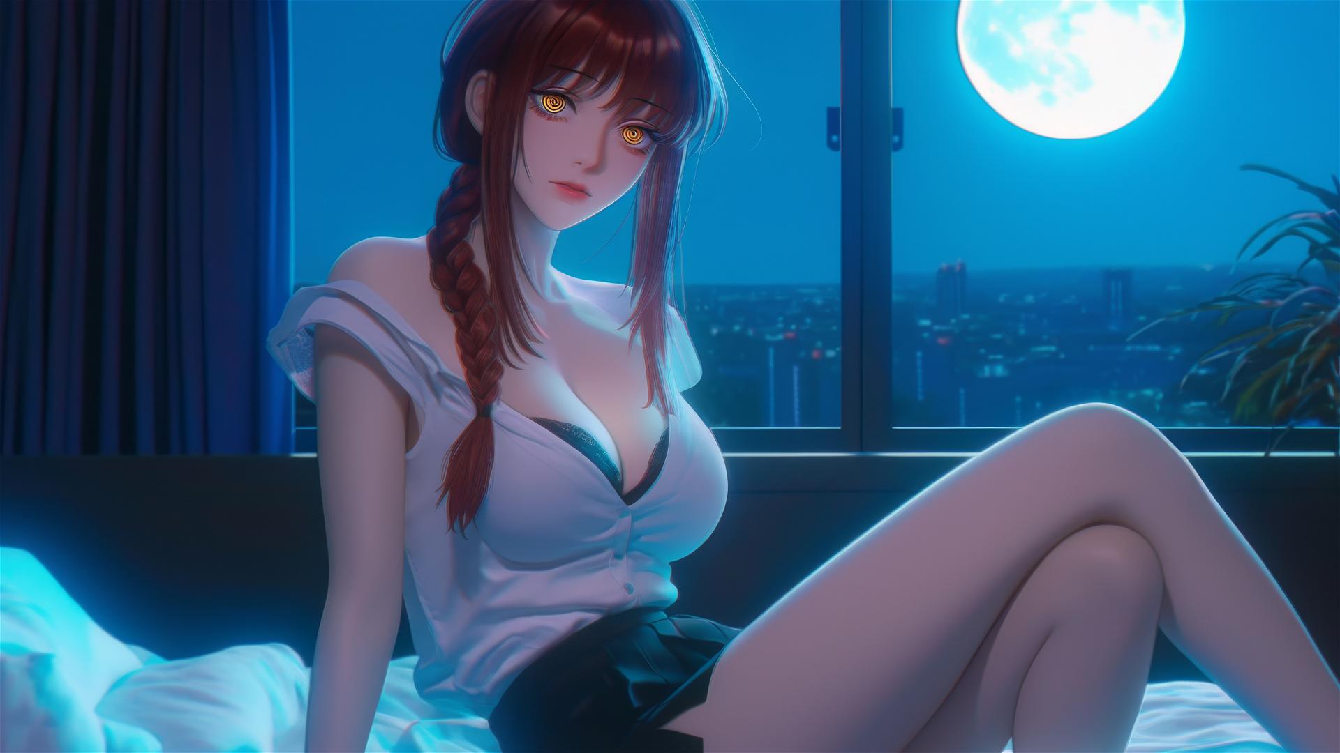 Makima from Chainsaw Man in a moonlit room with an ambiguous posture