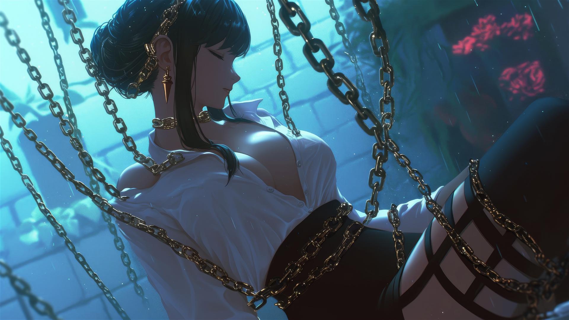 Yor Forger from Spy x Family chained in a tub with neon lighting.