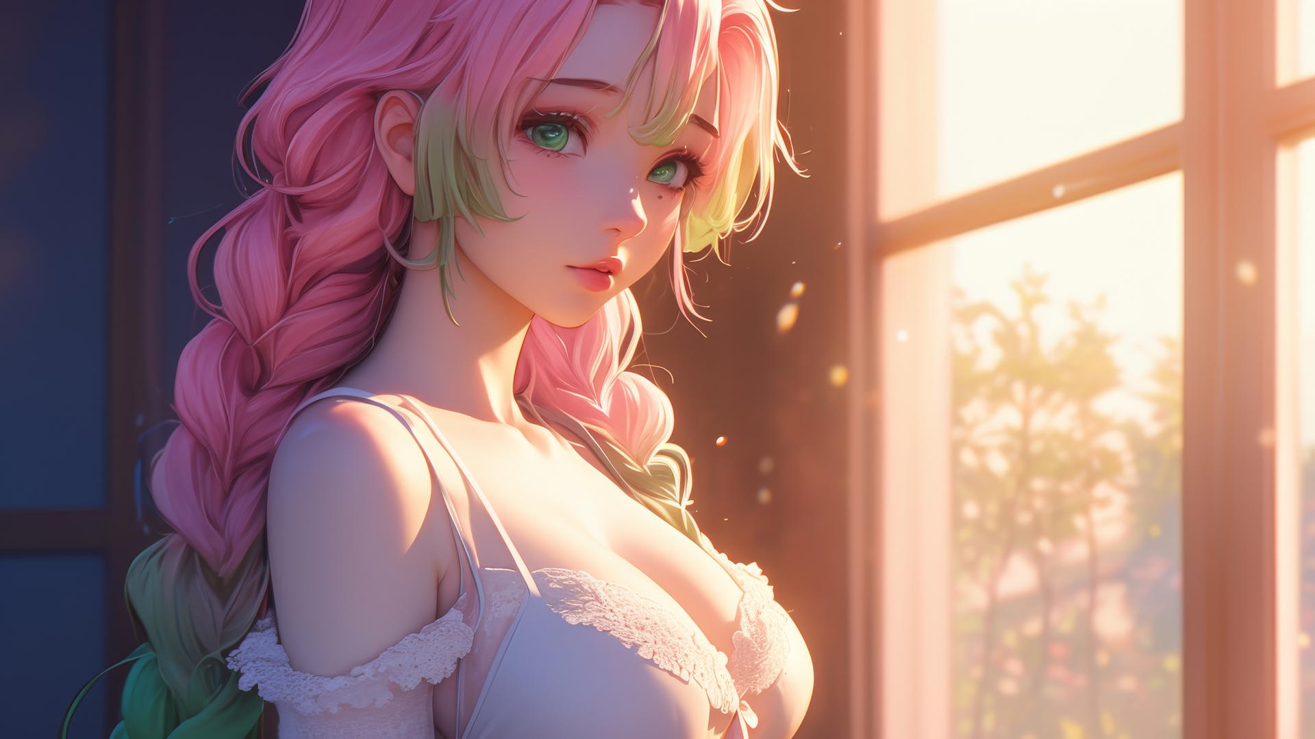 Mitsuri Kanroji from Demon Slayer standing by a modern apartment window at sunrise