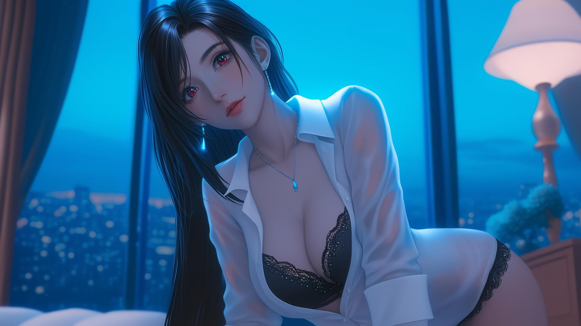 Tifa Lockhart from Final Fantasy kneeling in a hotel room, neon light glow