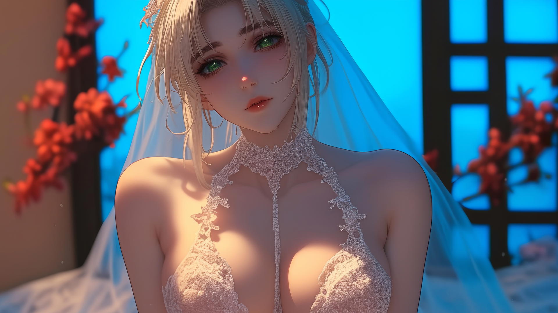 Saber from Fate Zero kneeling in a wedding dress, looking down with green eyes under warm light.