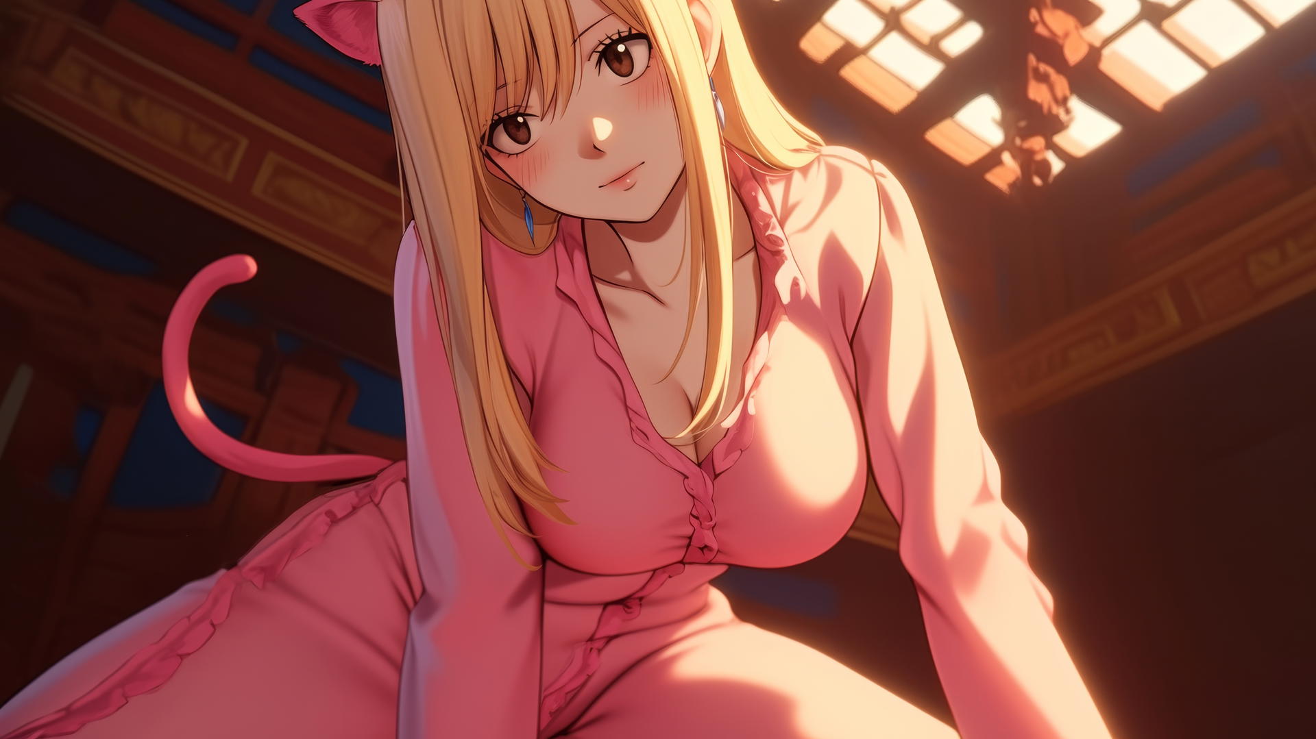 Pink cat girl Lucy Heartfilia kneeling and leaning with soft warm light, ceiling background