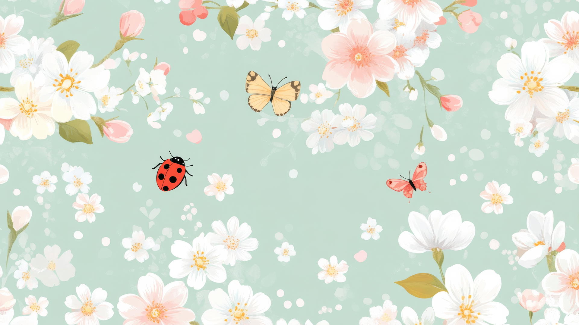 preppy spring wallpaper with cherry blossoms, daisies, ladybugs, and butterflies on pastel mint green background