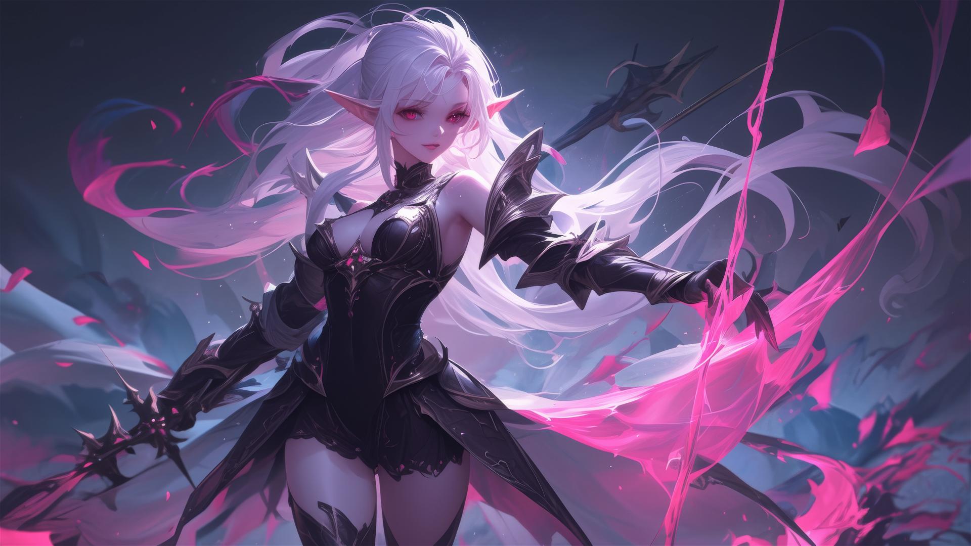 Fantasy Elf girl on dark background in dynamic pose with thigh highlight