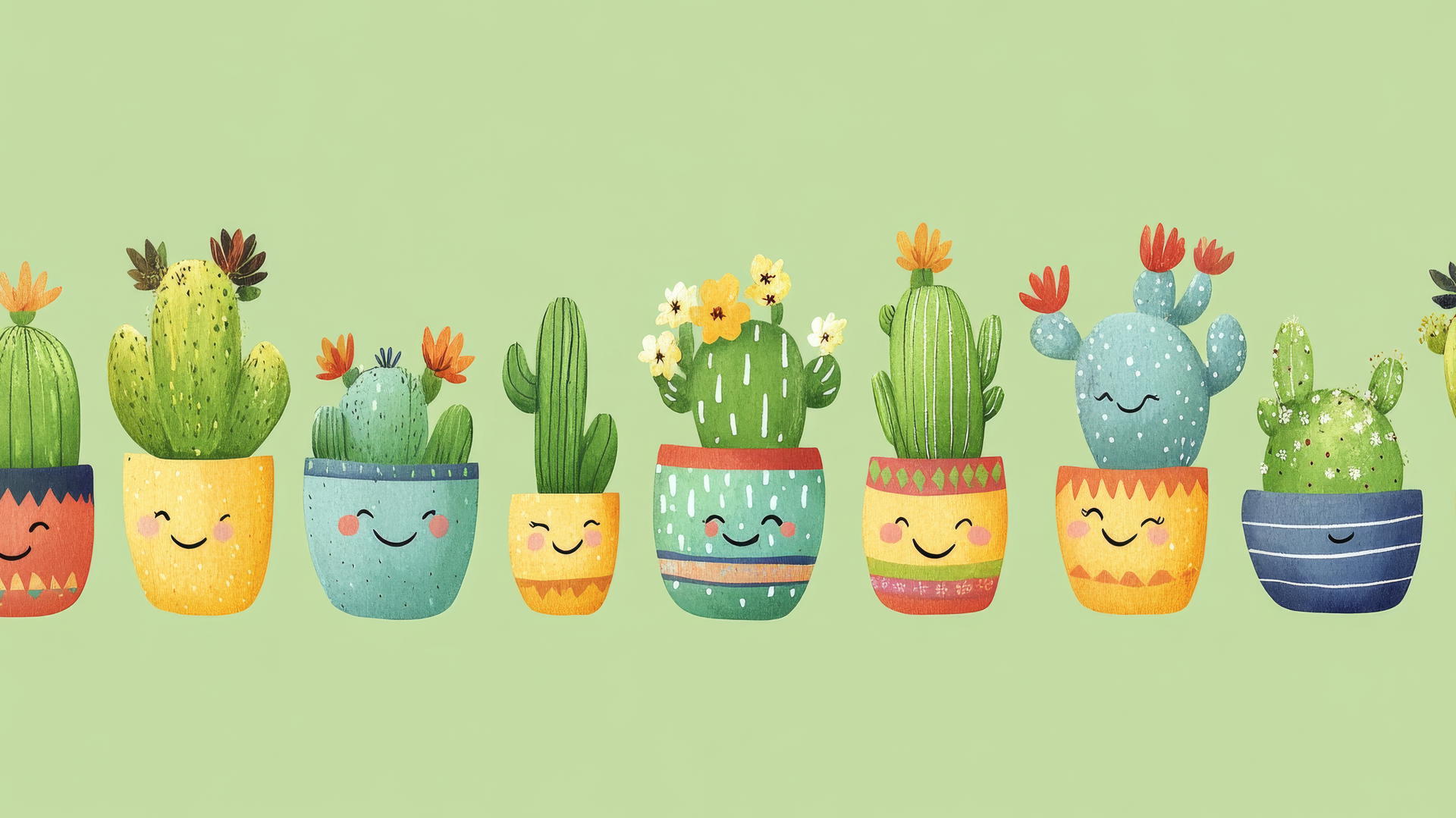 Cute green wallpaper with smiling cacti in colorful pots against a light green background.