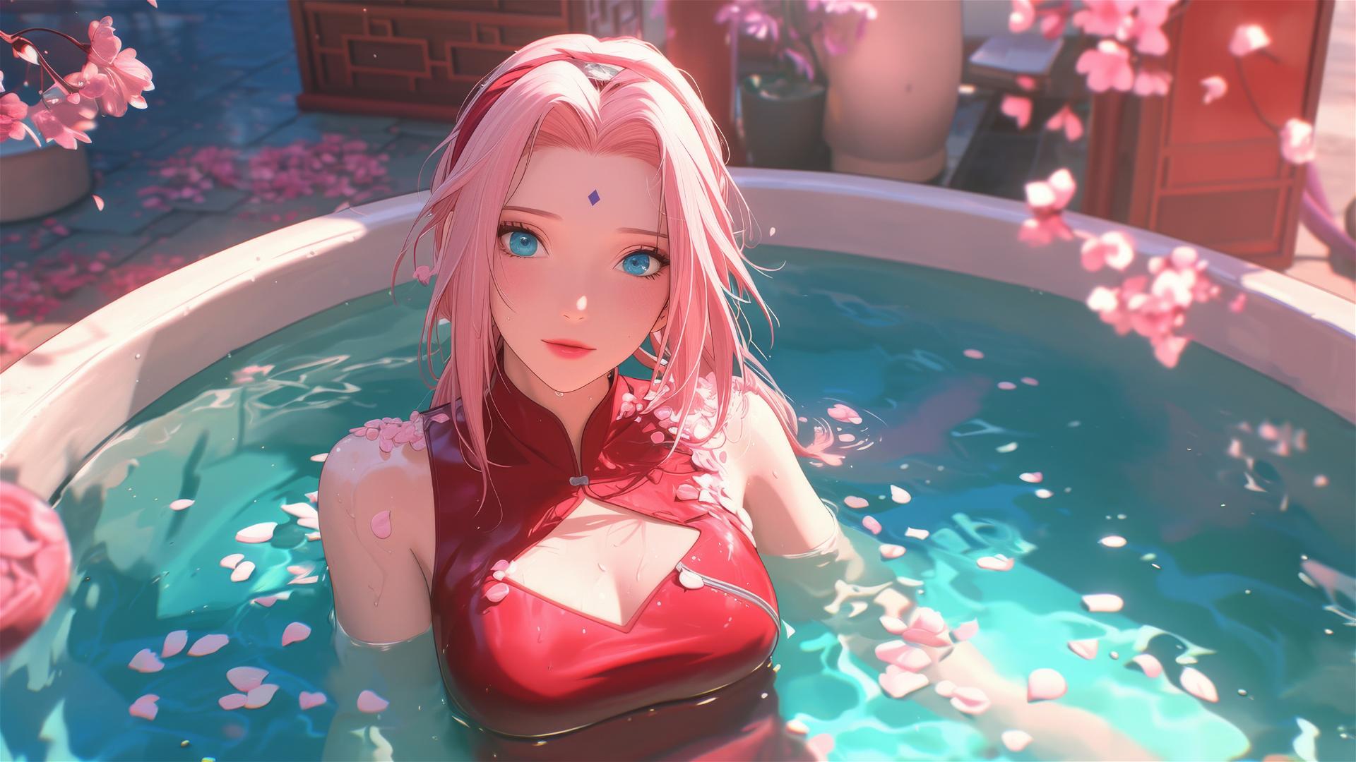 Sakura Haruno in tub of flowers, Chinese spa