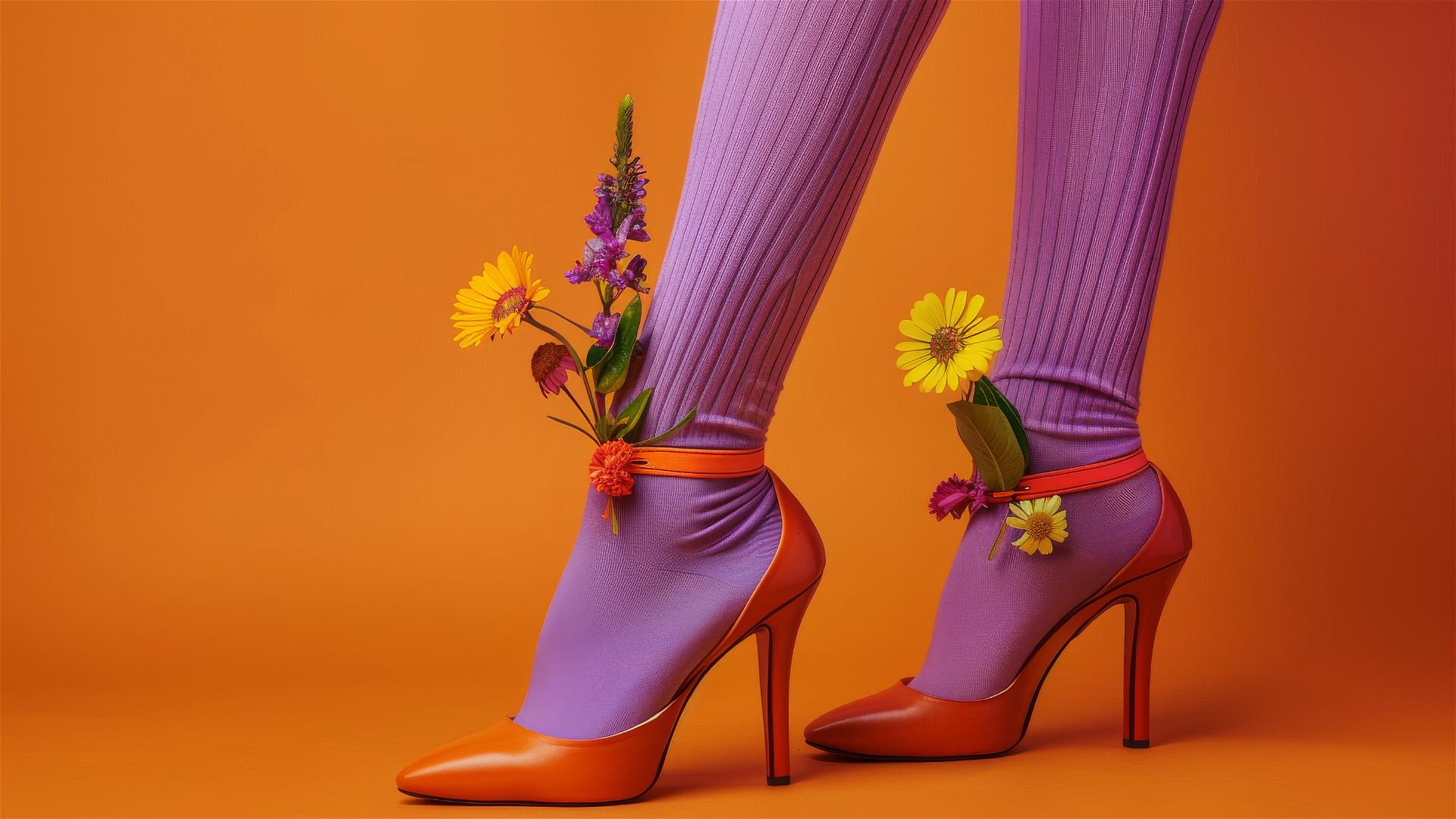Legs with purple socks, orange high heels, flowers growing from socks, colorful bracelets, solid orange background.