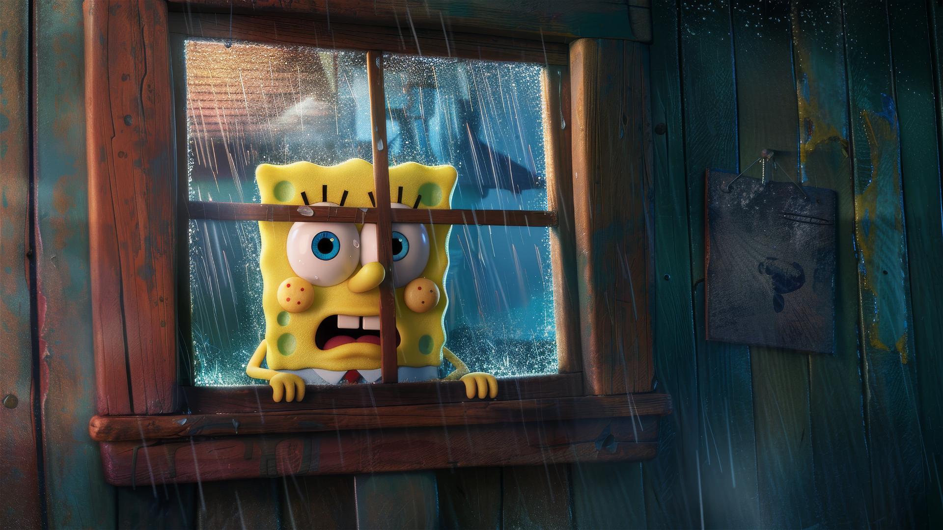 SpongeBob staring through a bedroom window with rain outside.