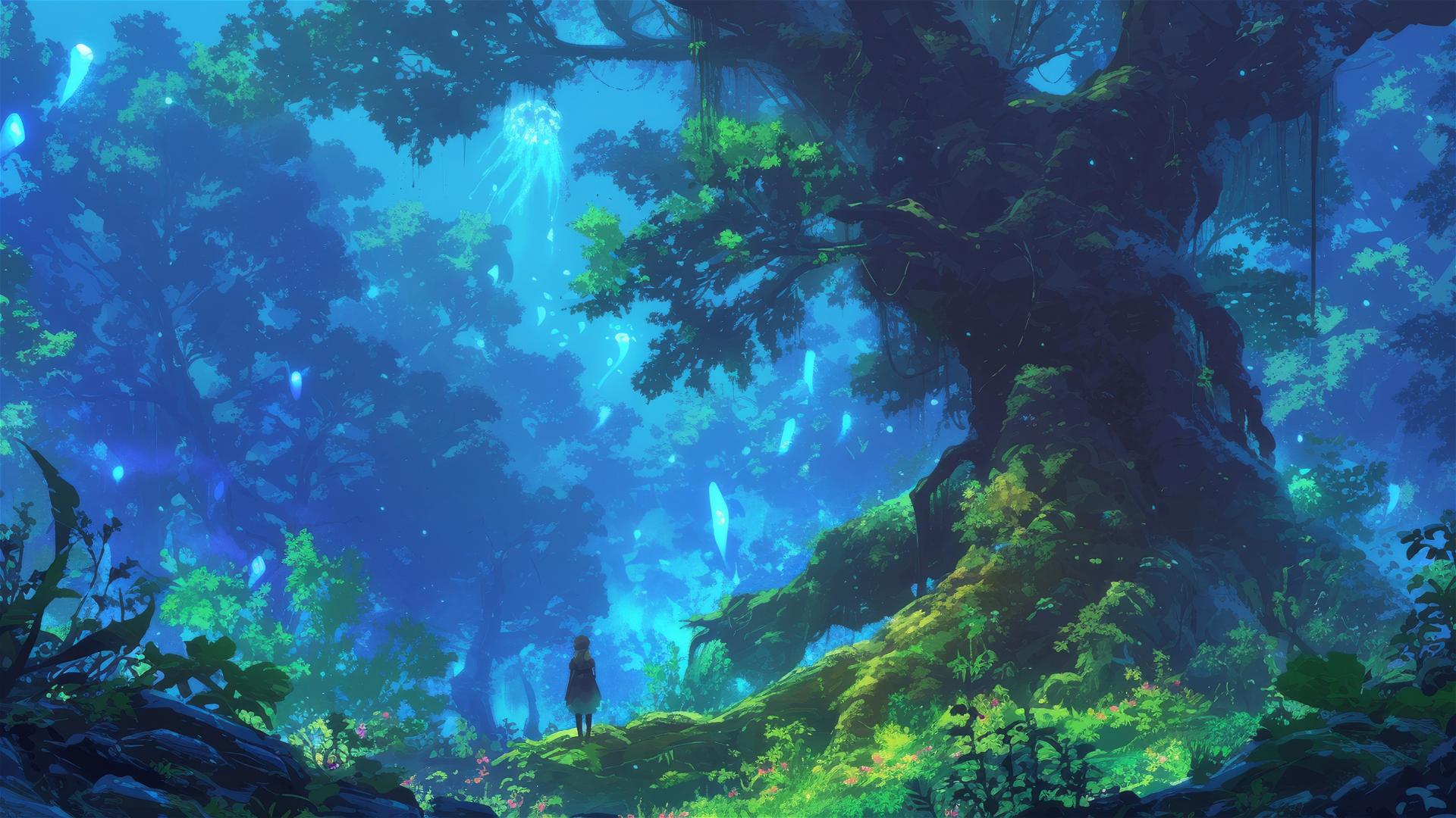 Bioluminescent plants and spirits in serene, mysterious woods