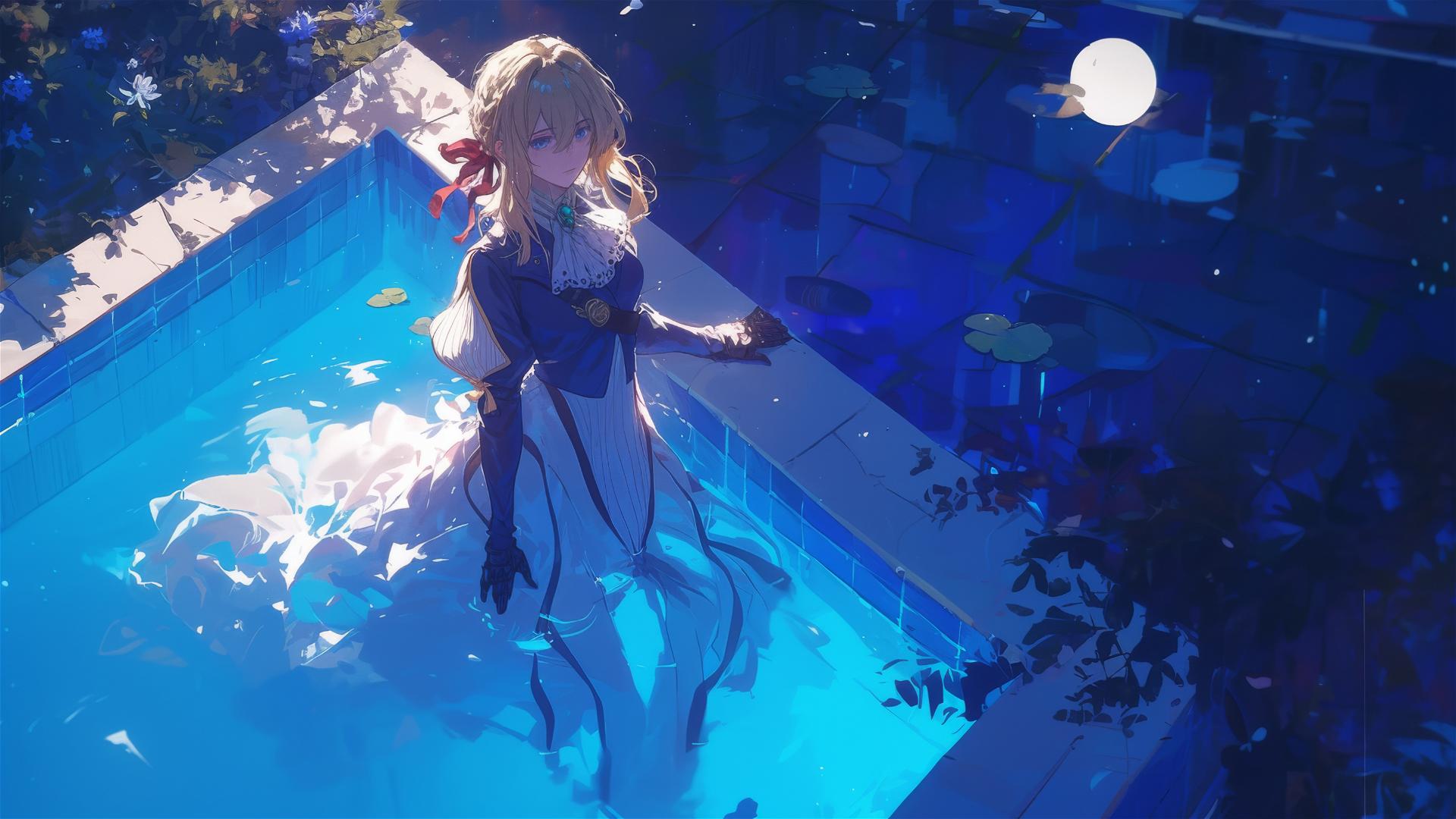 Violet Evergarden character standing in a pool under moonlight