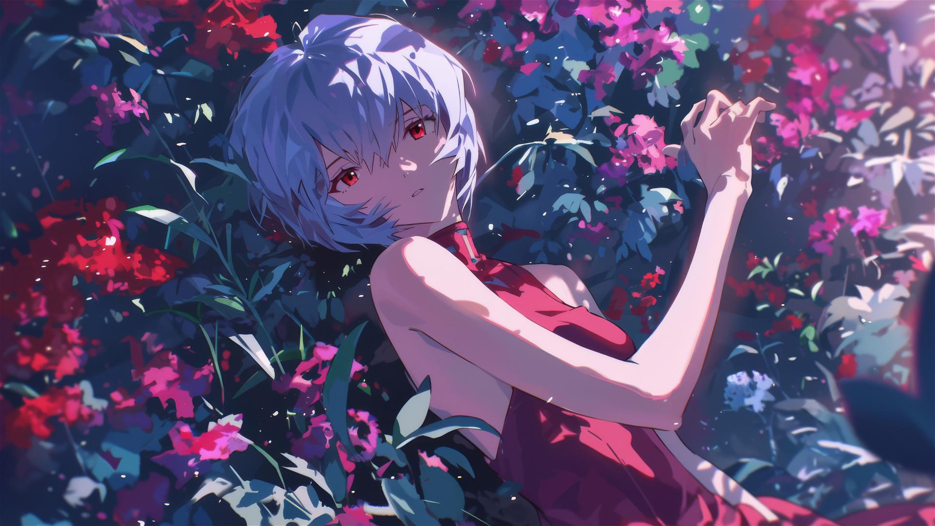 Rei Ayanami in shimmering gala dress at romantic garden party night