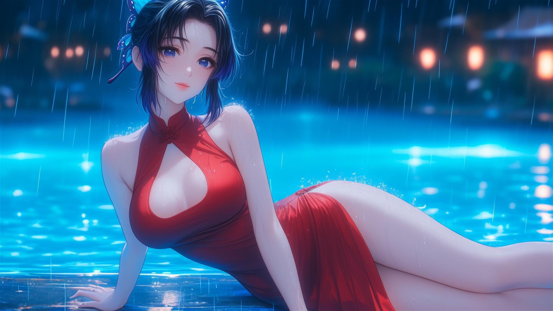 Shinobu Kocho by pool in moonlight with rain, red dress