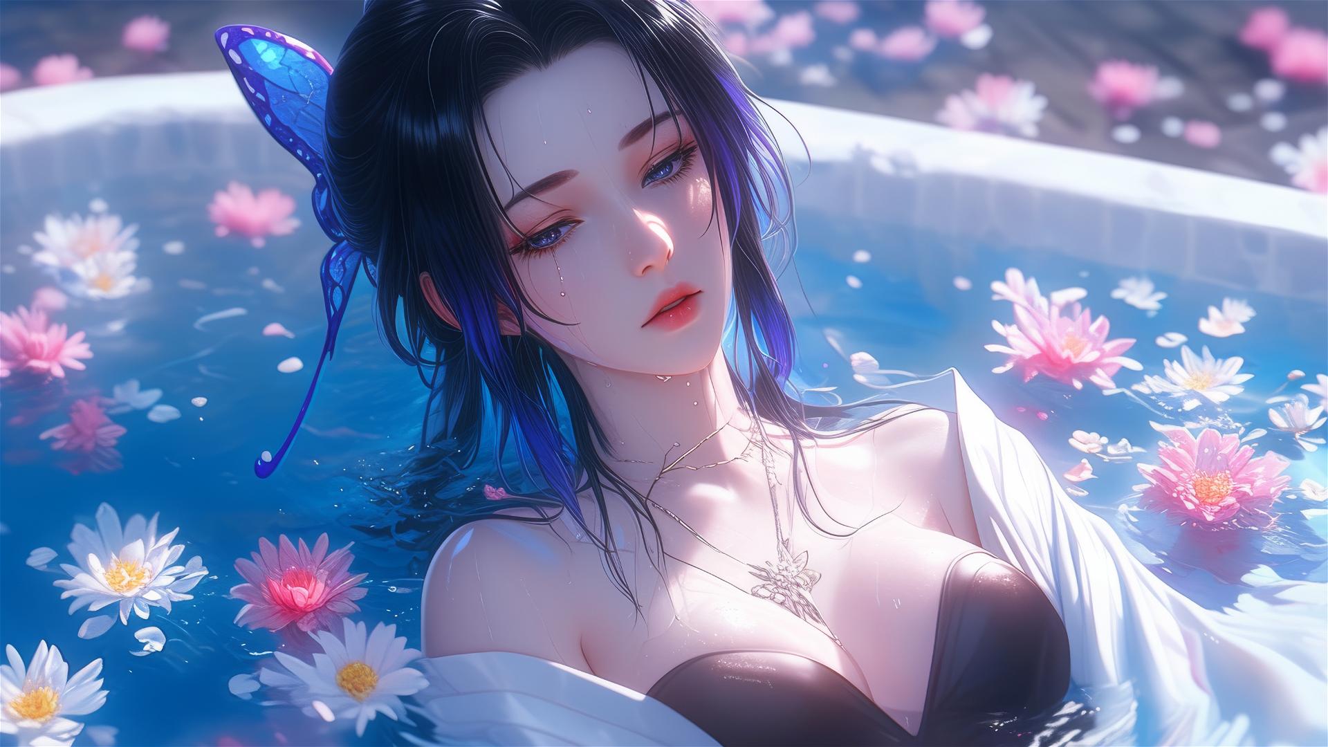 Shinobu Kocho from Demon Slayer in a flower-filled tub at a Chinese spa