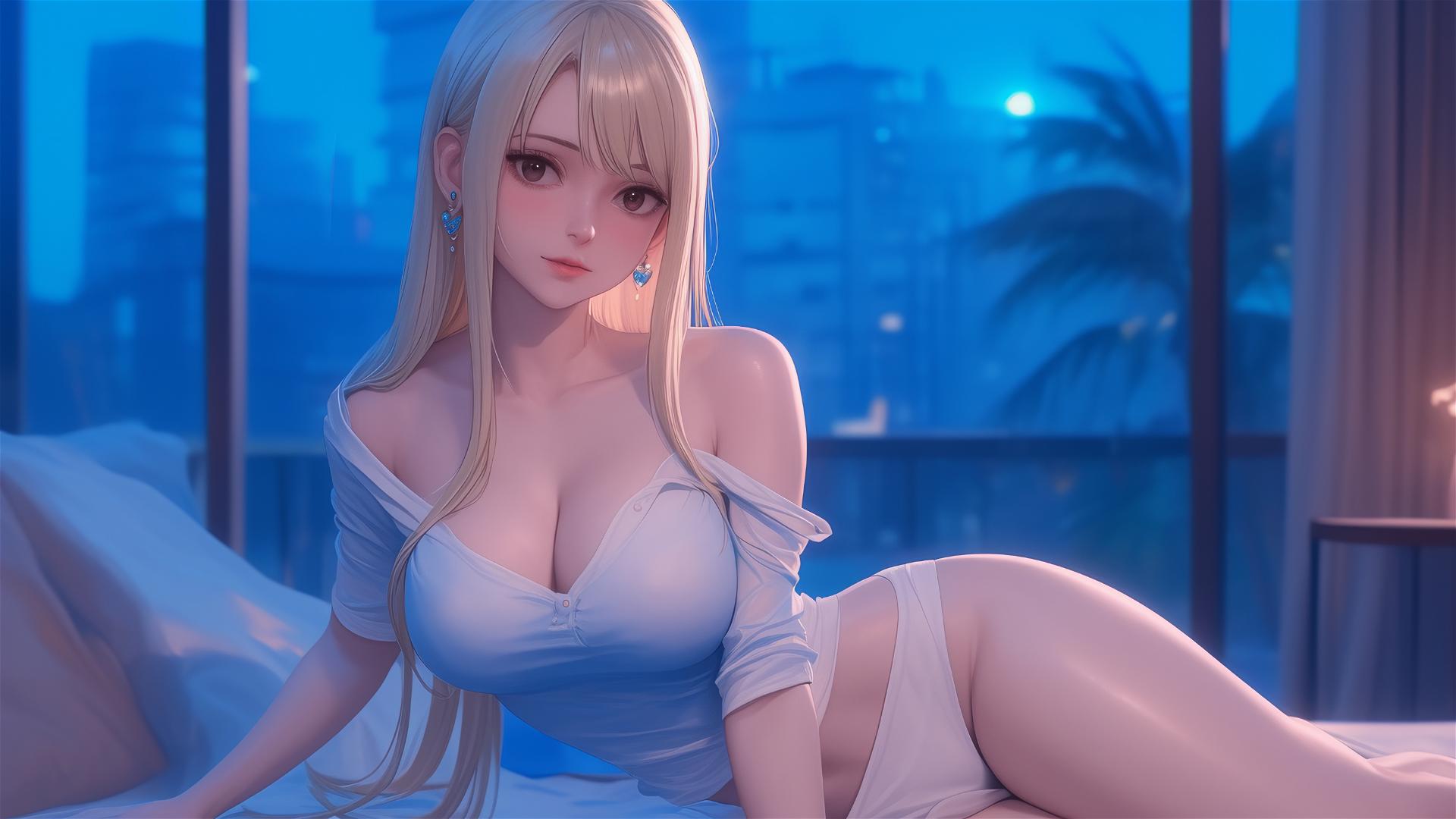 Lucy Heartfilia resting in a modern apartment illuminated by moonlight