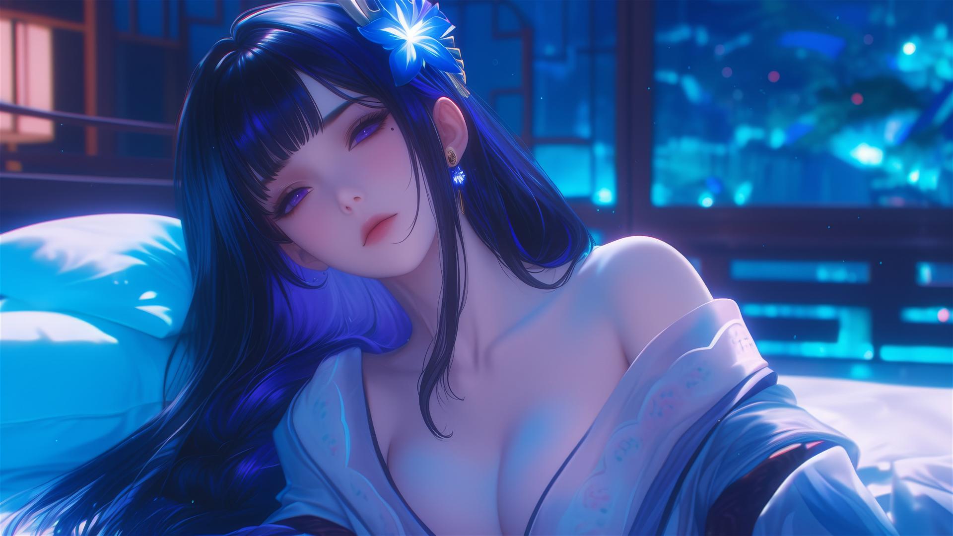 Raiden Shogun from Genshin Impact resting at a modern hotel, moonlight glow.