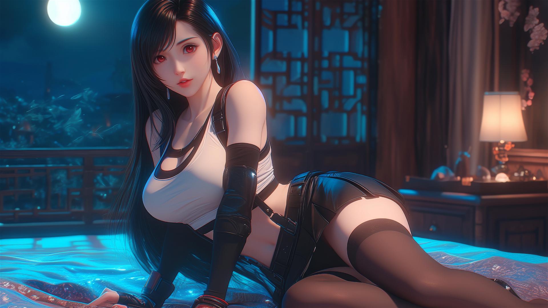 Tifa Lockhart resting in her room with moonlight glow