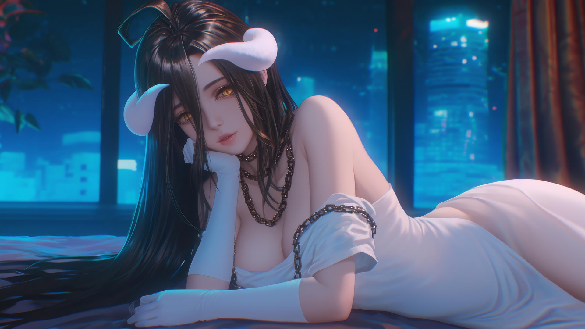 Albedo from Overlord, bound in thick iron chains, lit by warm light in a modern hotel room.