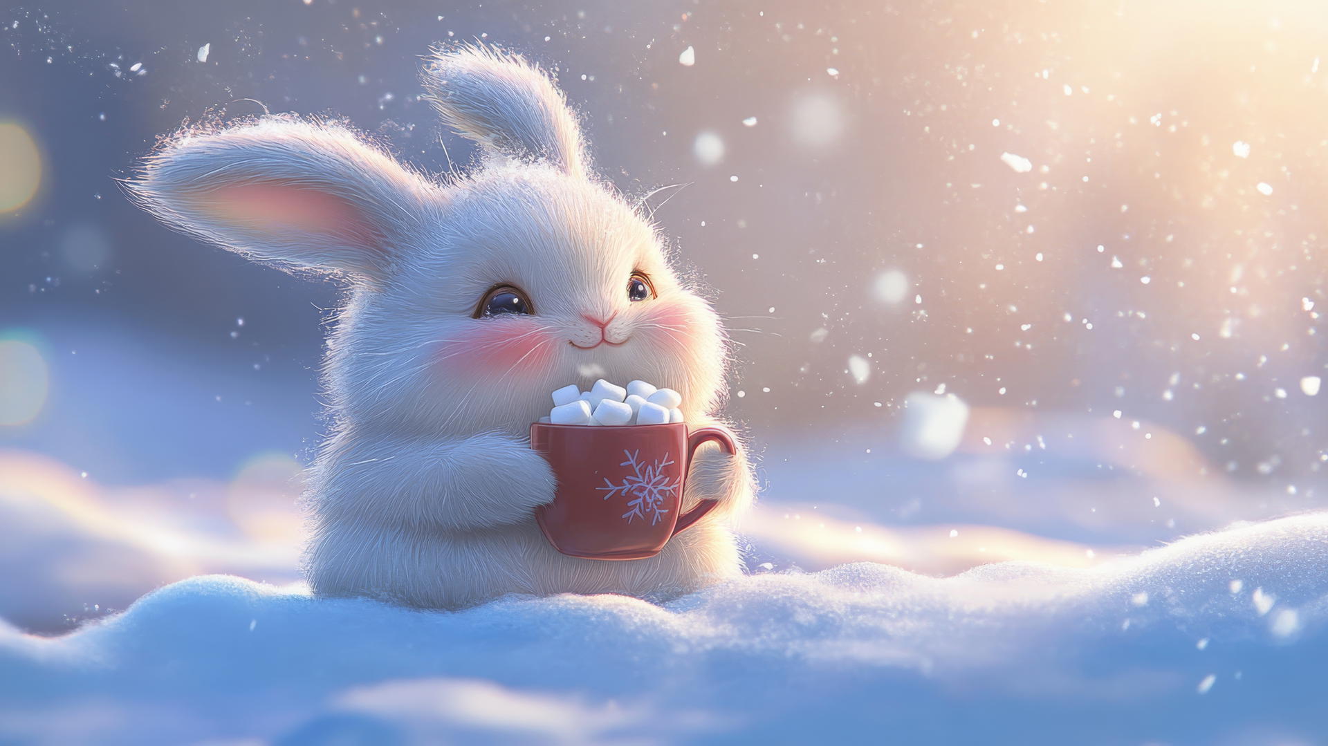cute winter wallpaper with a chubby bunny holding hot cocoa in the snow