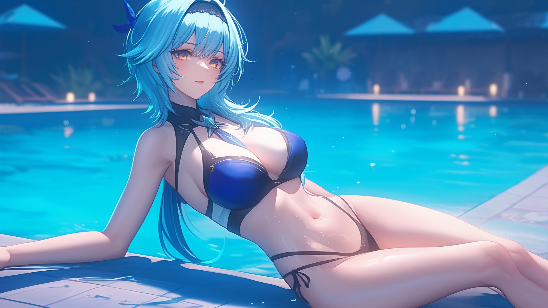 Eula Lawrence from Genshin Impact resting at a swimming pool under moonlight