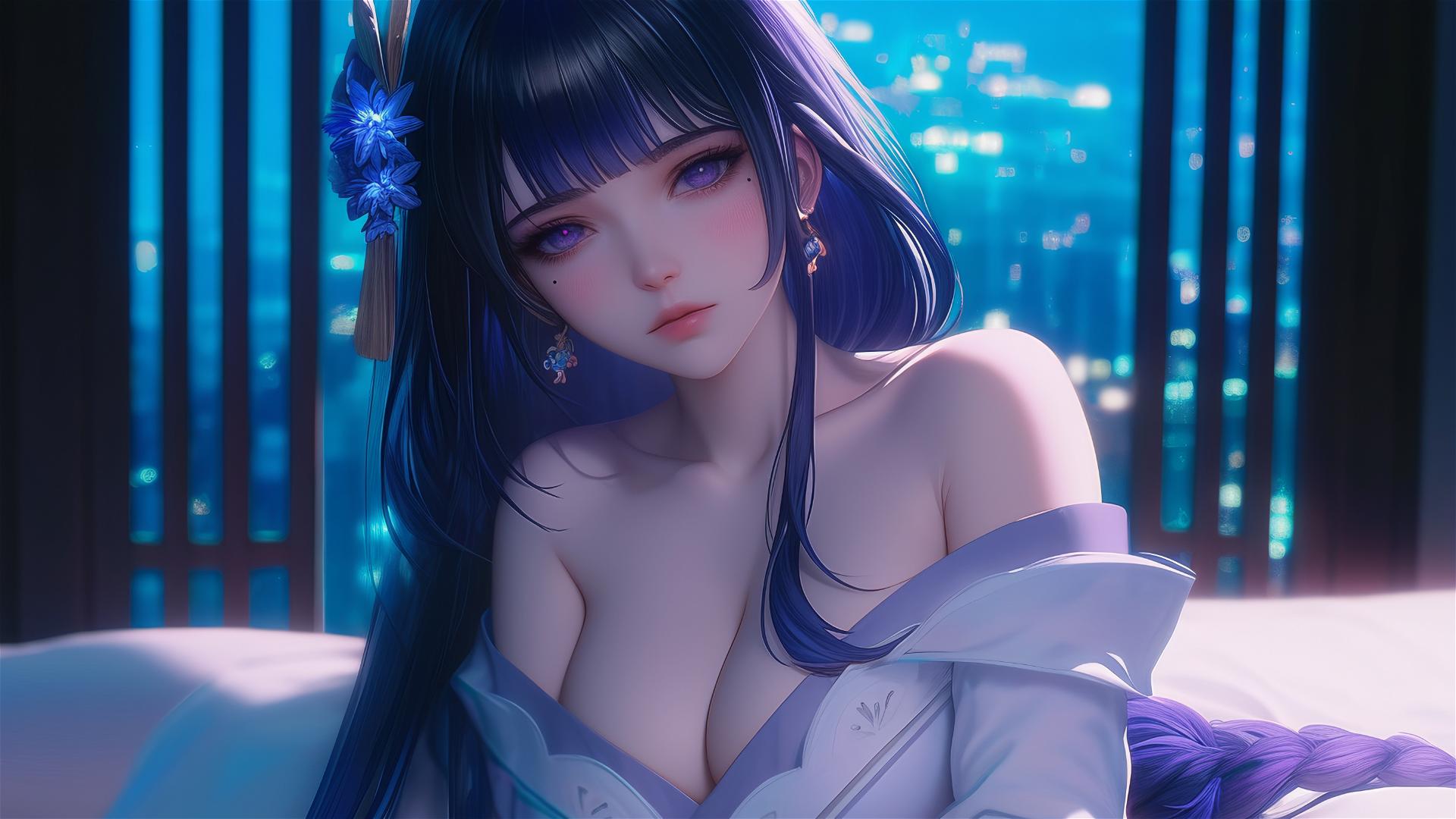 Raiden Shogun from Genshin Impact resting at modern hotel under moonlight