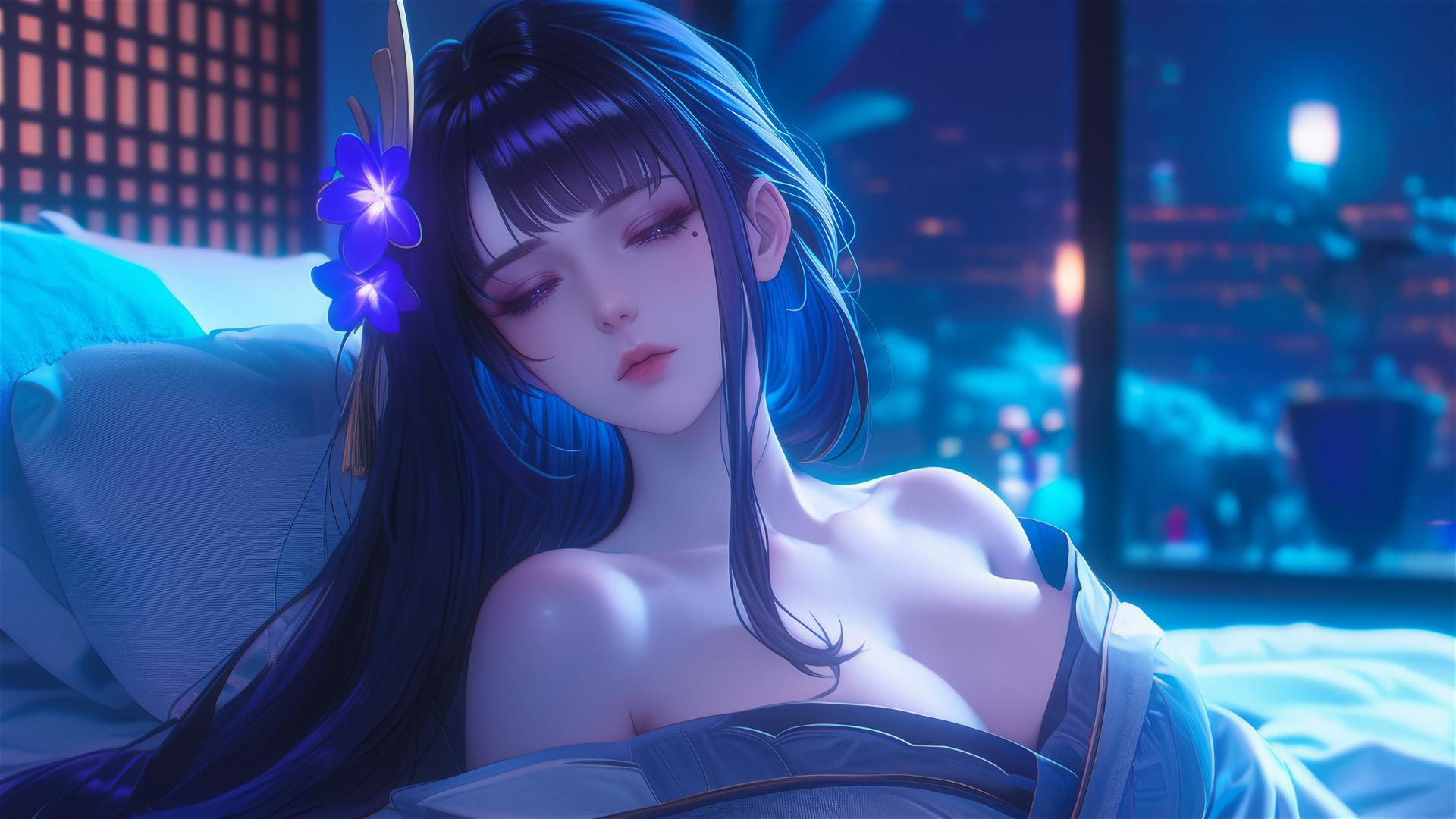 Raiden Shogun from Genshin Impact resting at a modern hotel under moonlight.
