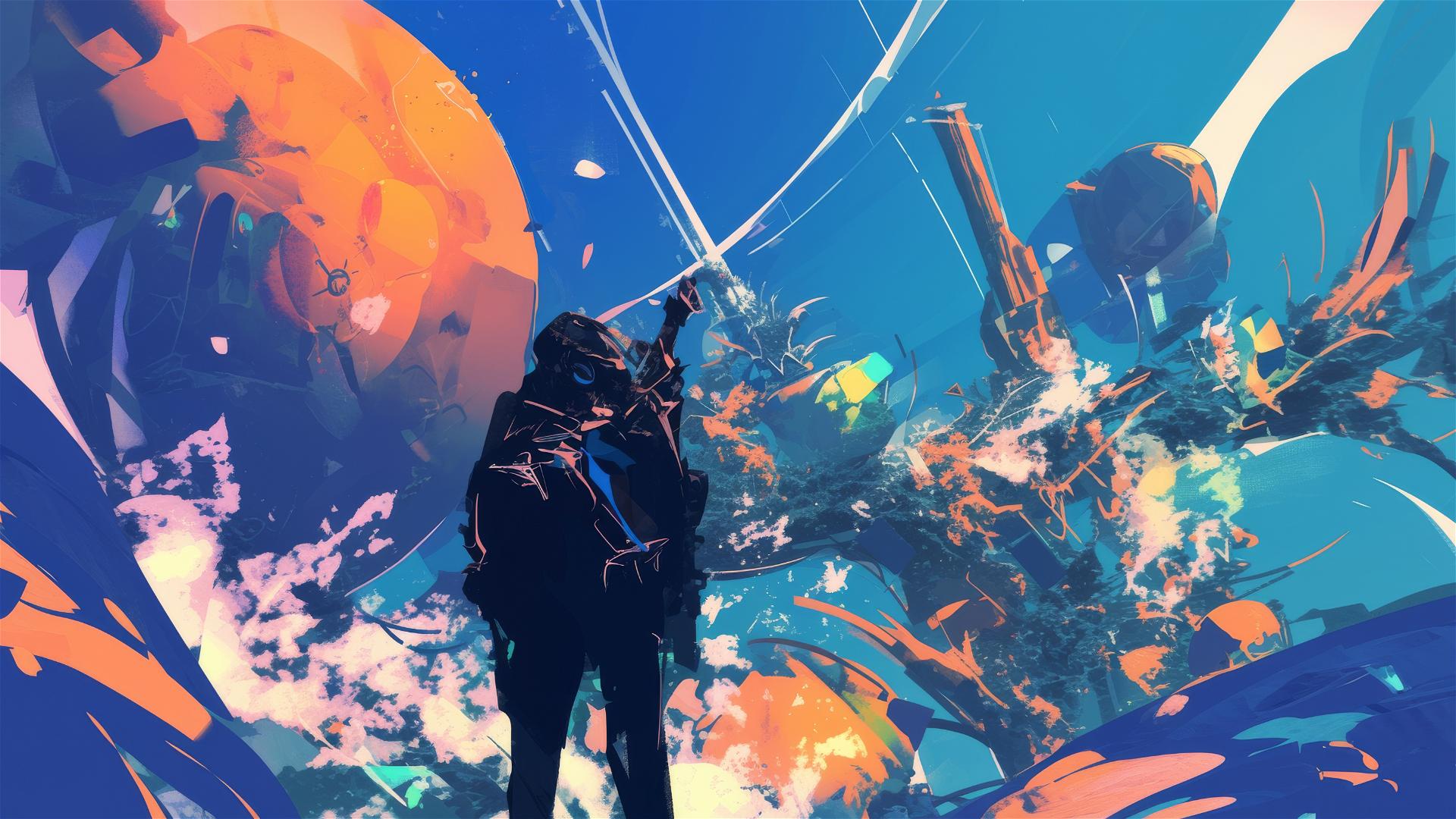 Silhouette against a colorful, utopian alien world.