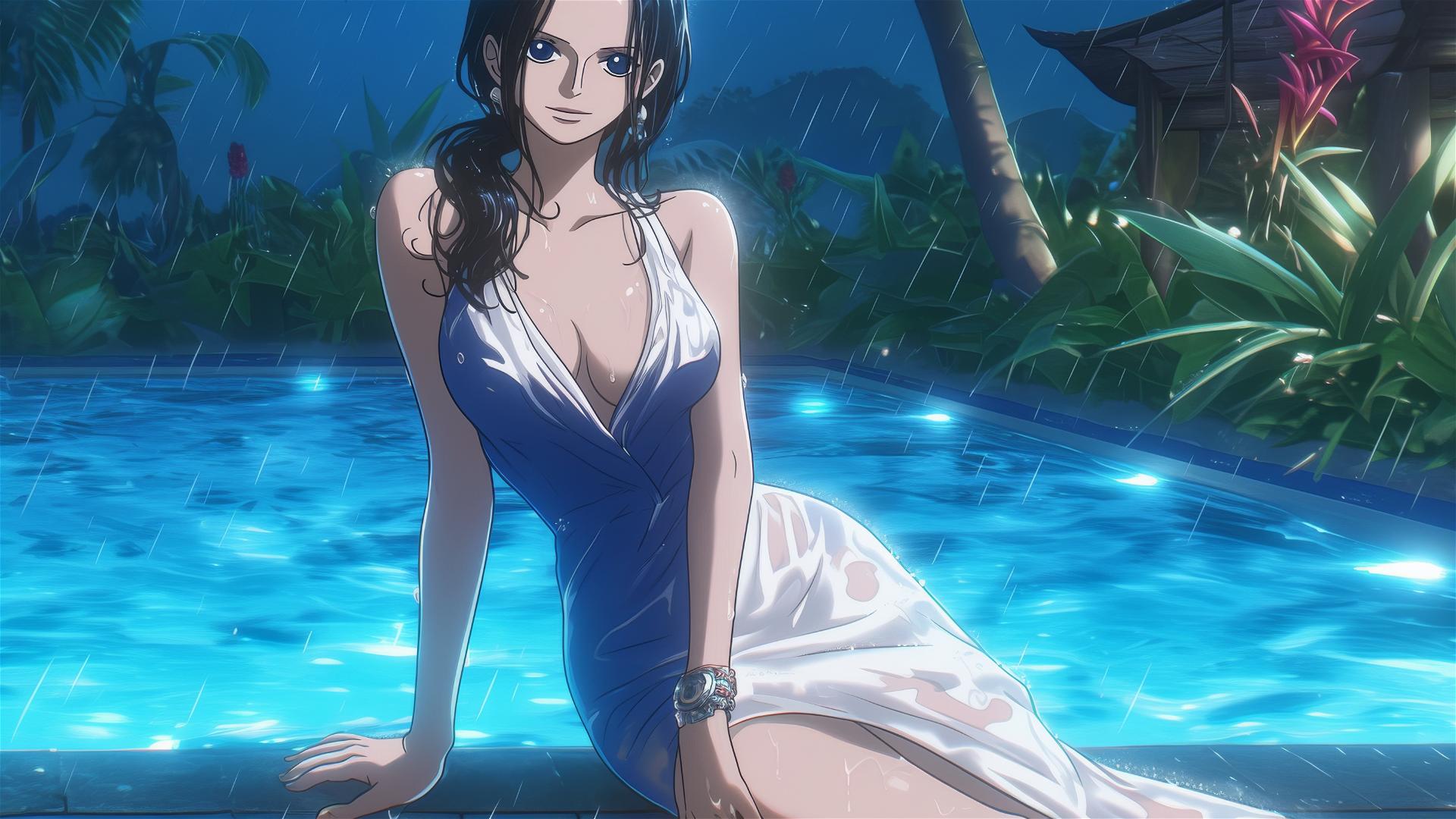 Nico Robin from One Piece in bunny girl pose by pool in moonlight