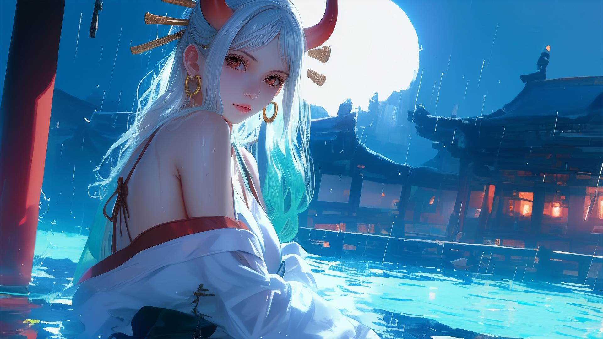 Yamato from One Piece standing in a rainy pool under moonlight in a white dress