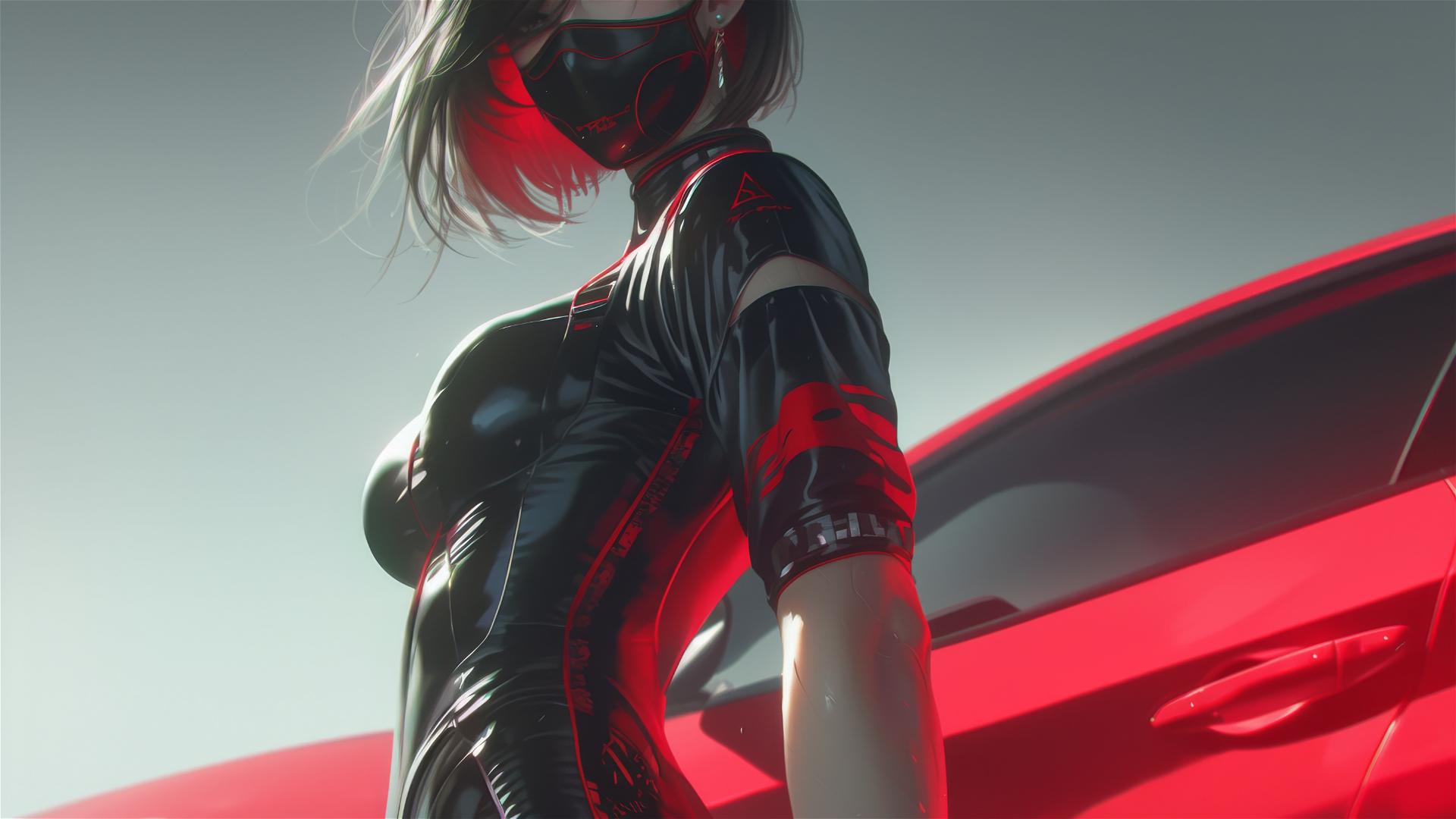 Car racer girl with short hair and masked face in dynamic pose with thigh focus and spotlight effect on dark background.