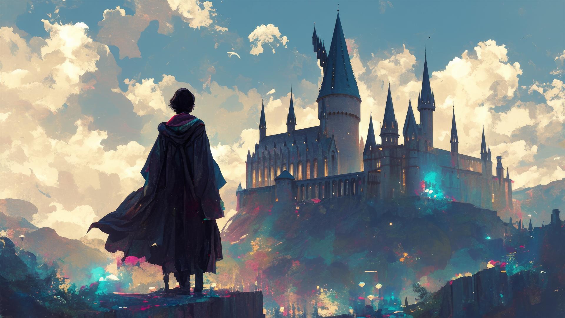 Artistic illustration of Hogwarts with a Harry Potter theme