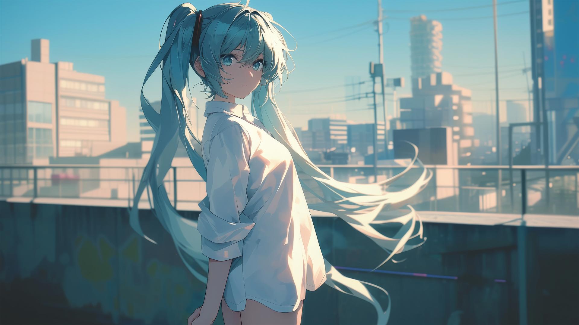 Hatsune Miku from Vocaloid in modern white shirt in front of blurred urban landscape