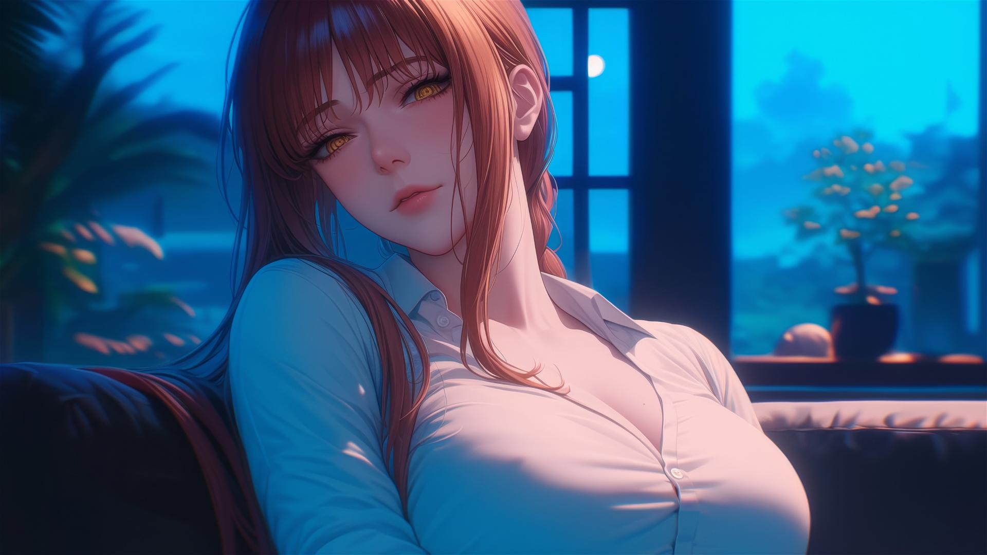 Makima from Chainsaw Man resting in an apartment illuminated by soft moonlight