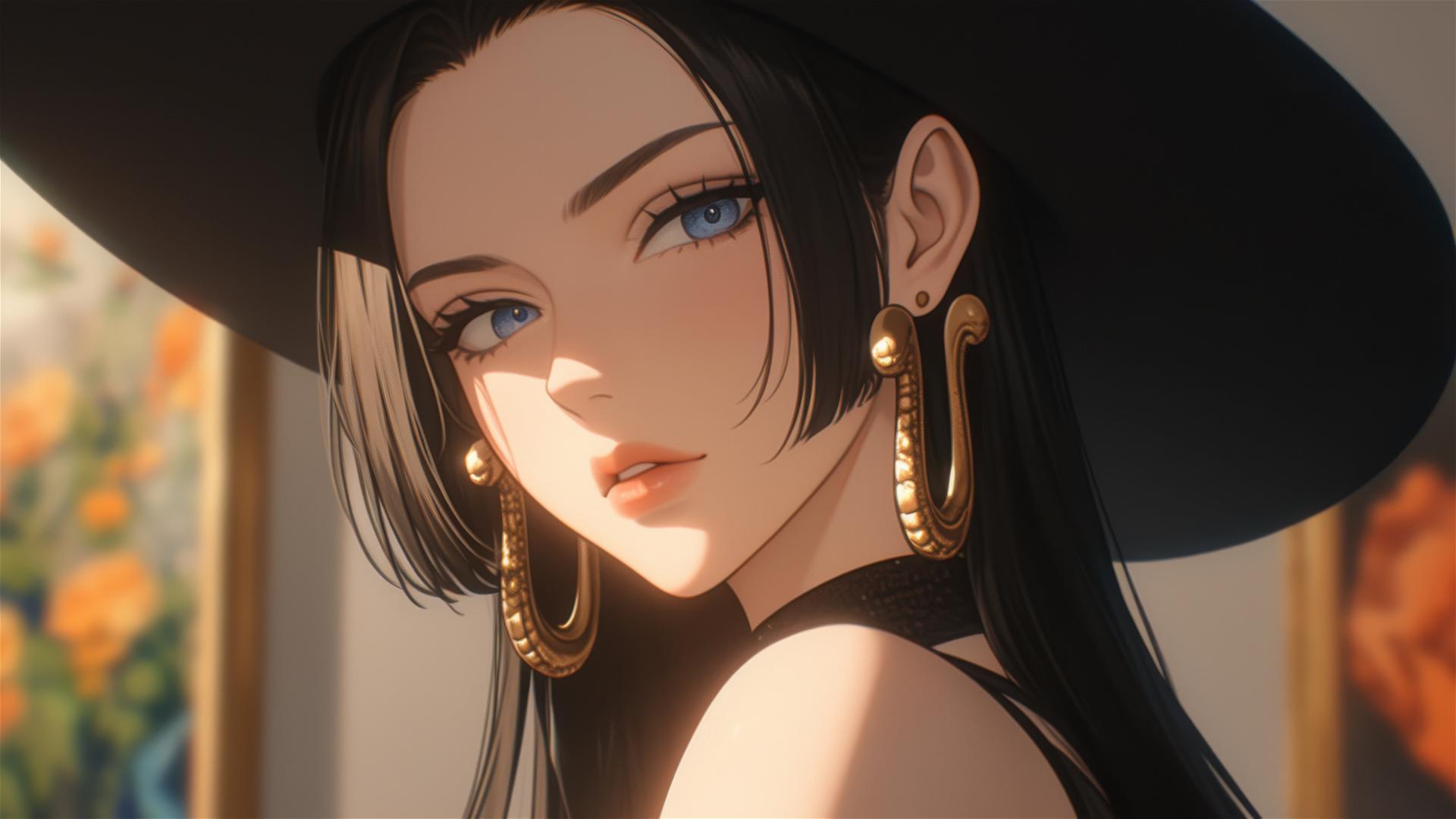 Boa Hancock from One Piece, strolling in an art gallery under soft lights