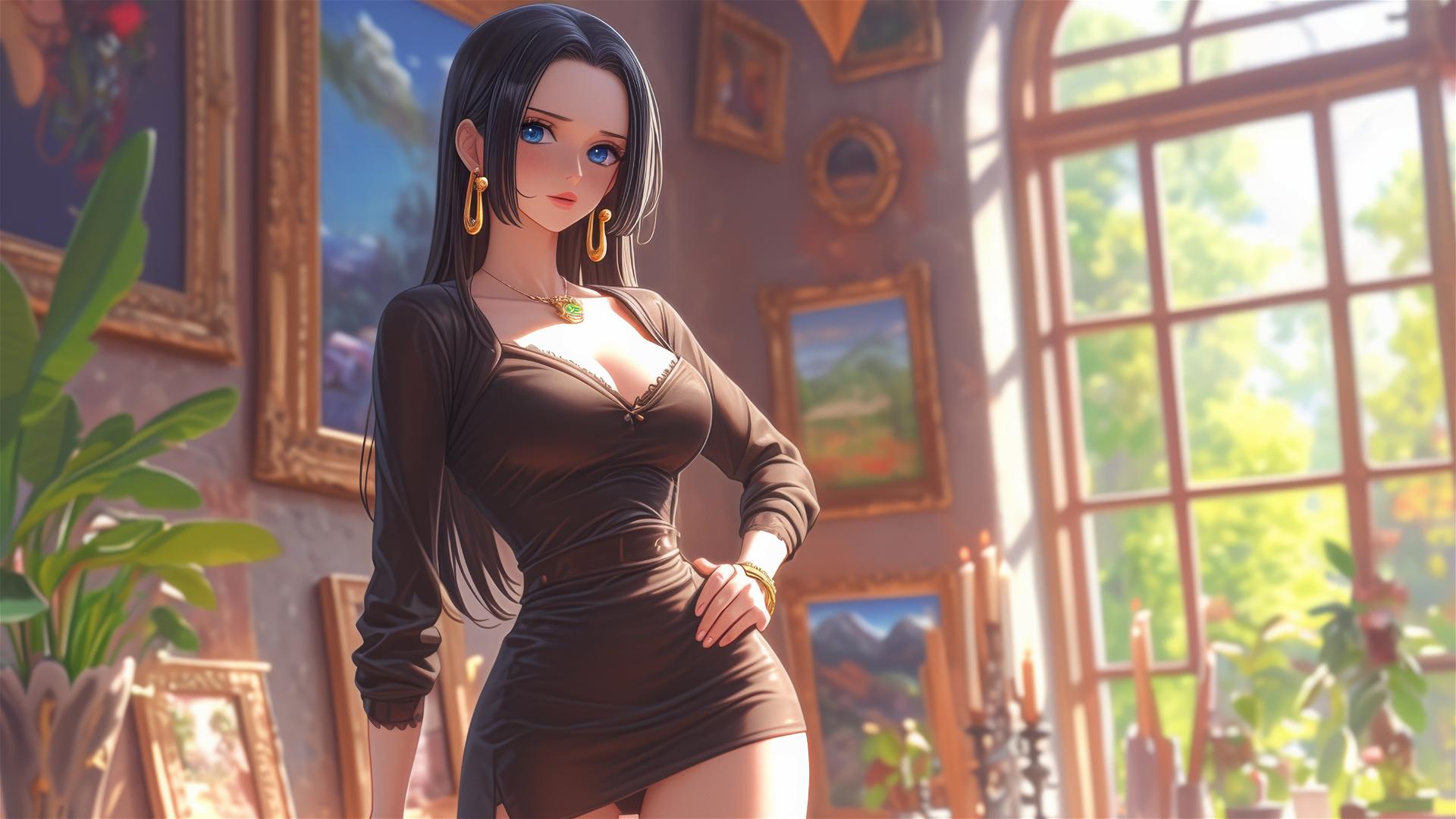 Boa Hancock from One Piece wandering through an art gallery illuminated by soft lights