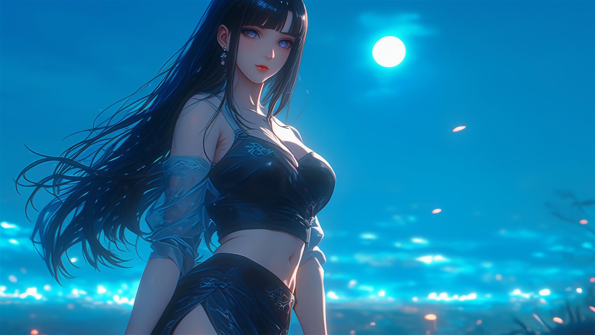 Hinata Hyuga from Naruto leisurely walking under a starry night atop a hill, softly illuminated by moonlight, conveying aesthetic feel