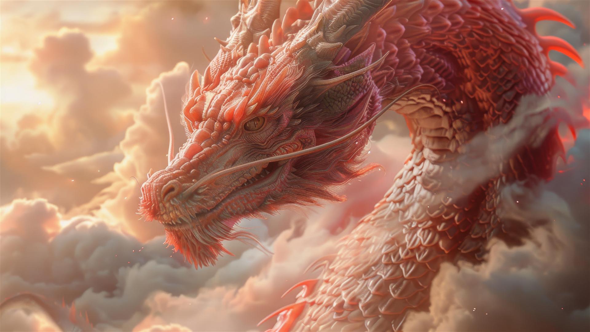 Light red Asian dragon with surrounding clouds in hyperrealistic style