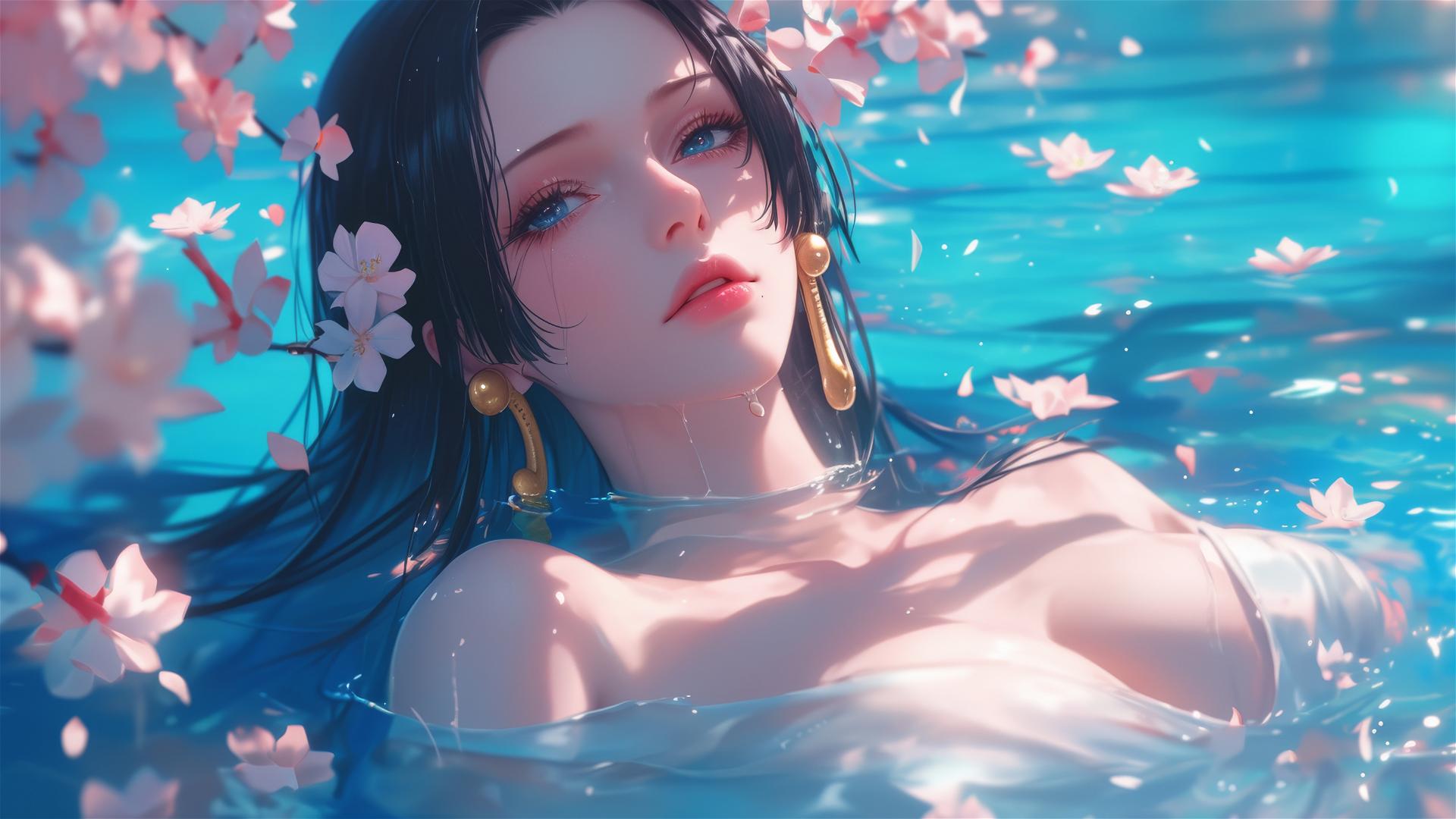 Boa Hancock from One Piece in a flower-filled tub, inside a Chinese spa.