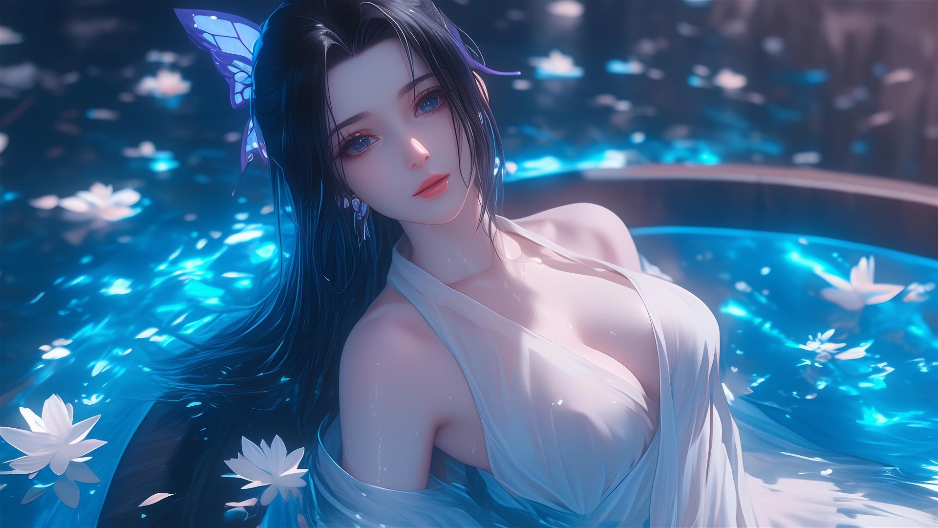Shinobu Kocho in white dress in tub of flowers