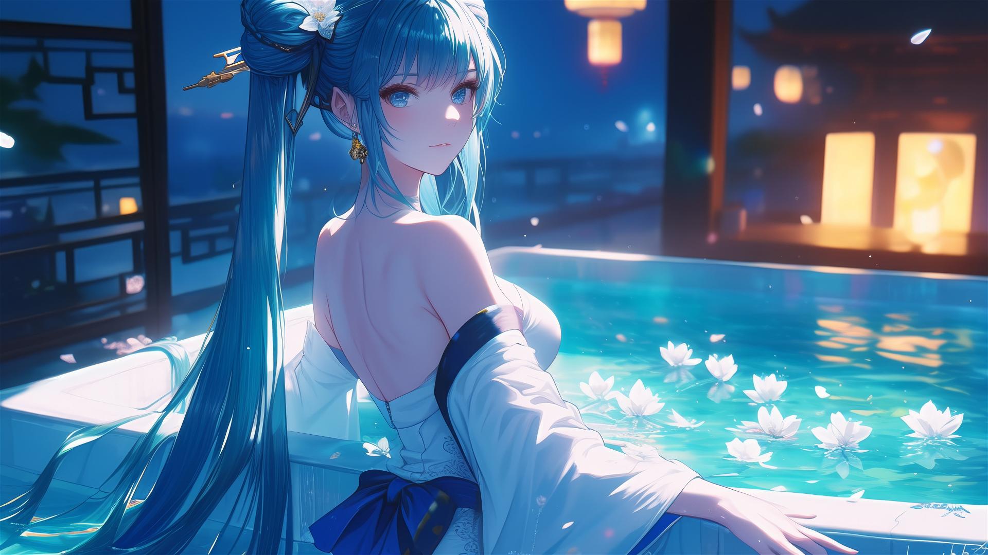 Hatsune Miku in a flower-filled tub at a Chinese spa, graceful and serene.
