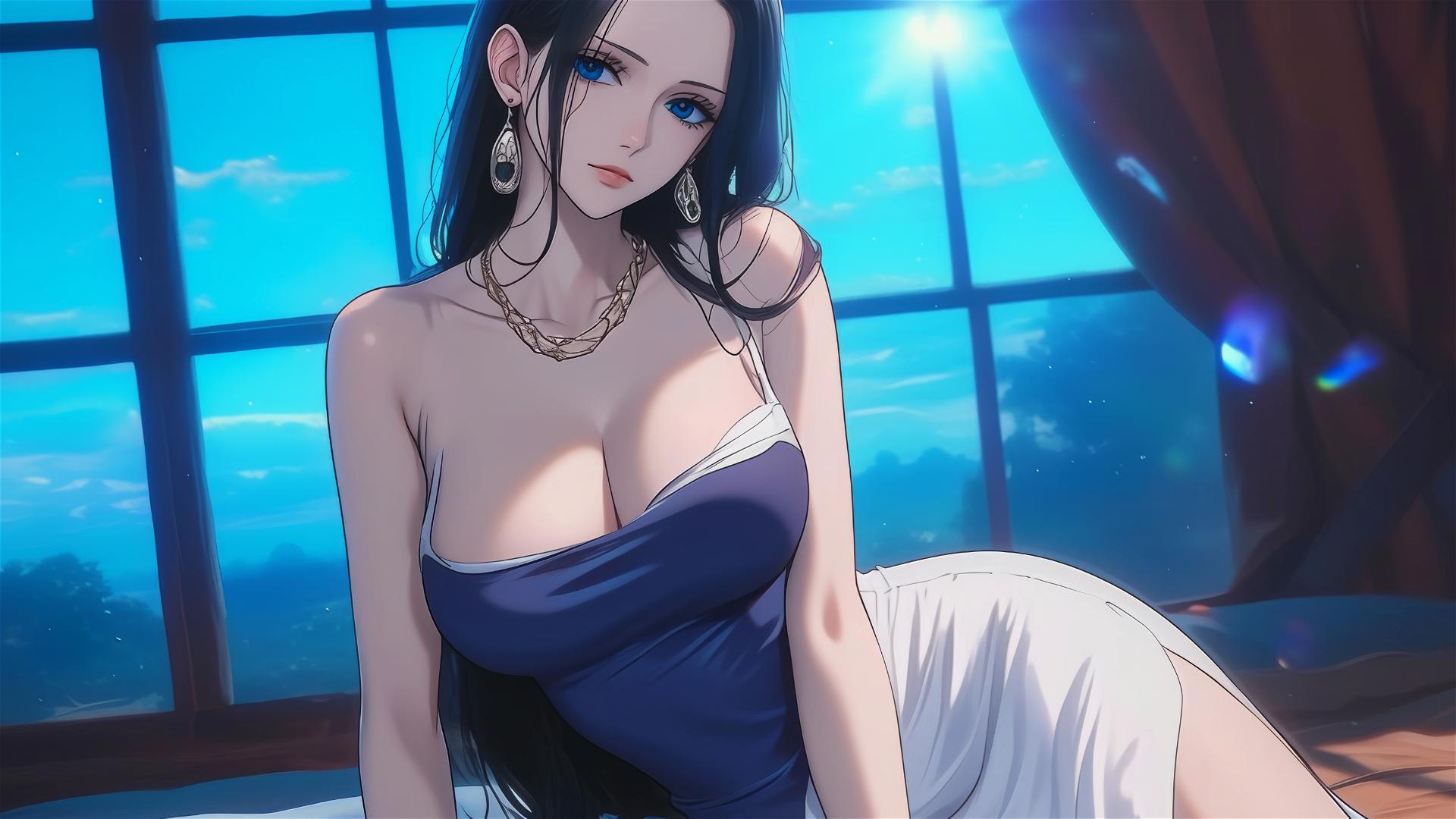 Nico Robin in white dress resting in modern hotel room under moonlight.