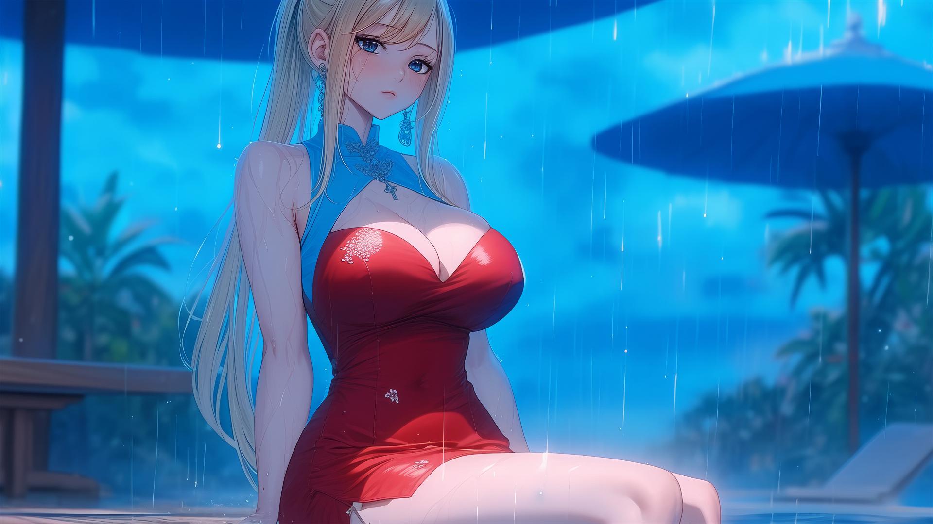 Lucy Heartfilia resting at a raining swimming pool in a red dress